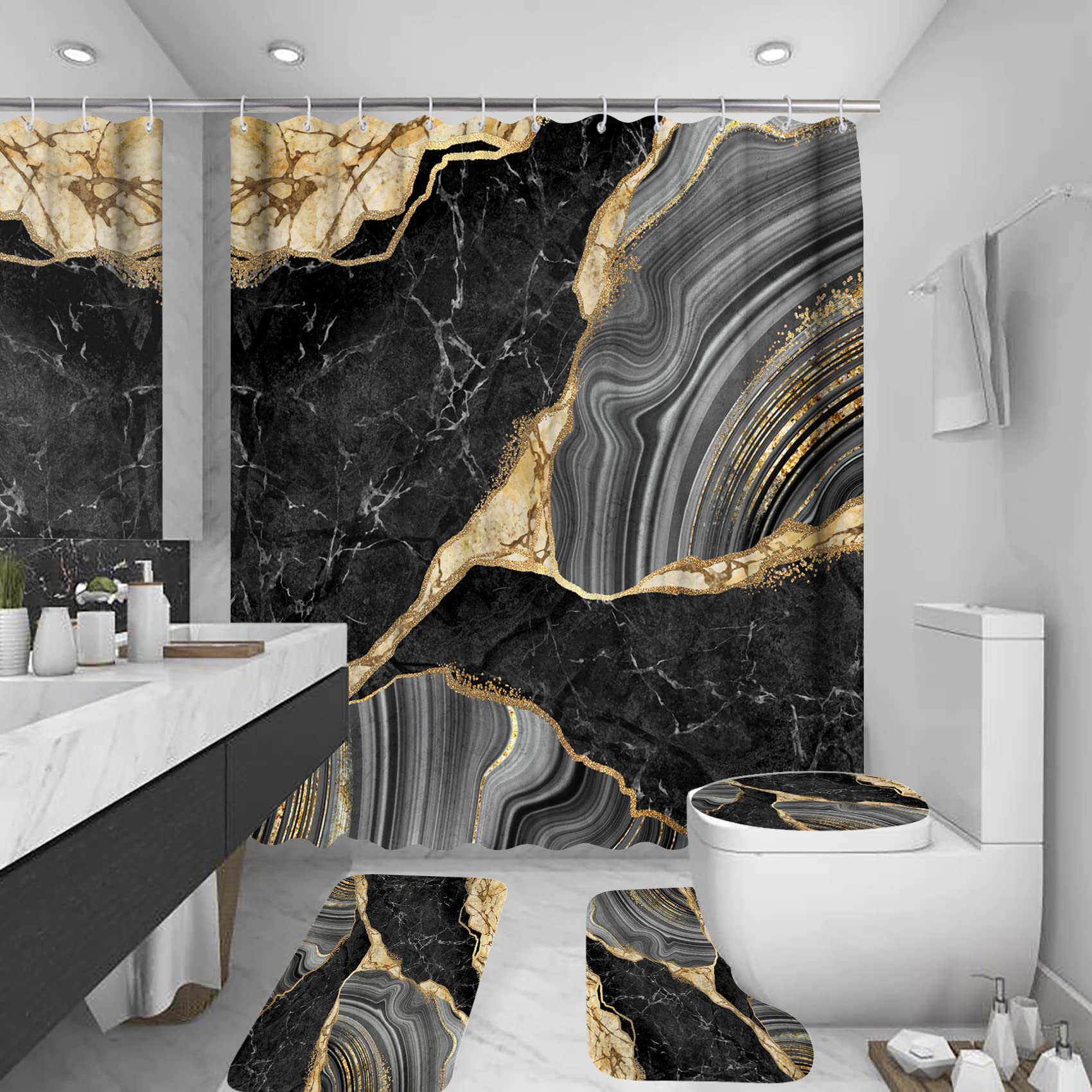 Beifivcl 4Pcs Marble Shower Curtain Sets, Bathroom Decor Sets, Luxury Shower Curtain With 12 Hooks, Bath Mat, Toilet Lid Rug And