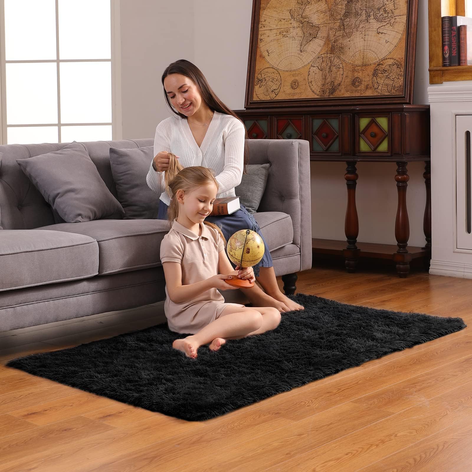 Ophanie 3x5 Black Rugs for College Dorm, Bedroom Small Area Rug, Non-Slip Fluffy Shaggy Bedside Soft Shag Fuzzy Plush Carpet for