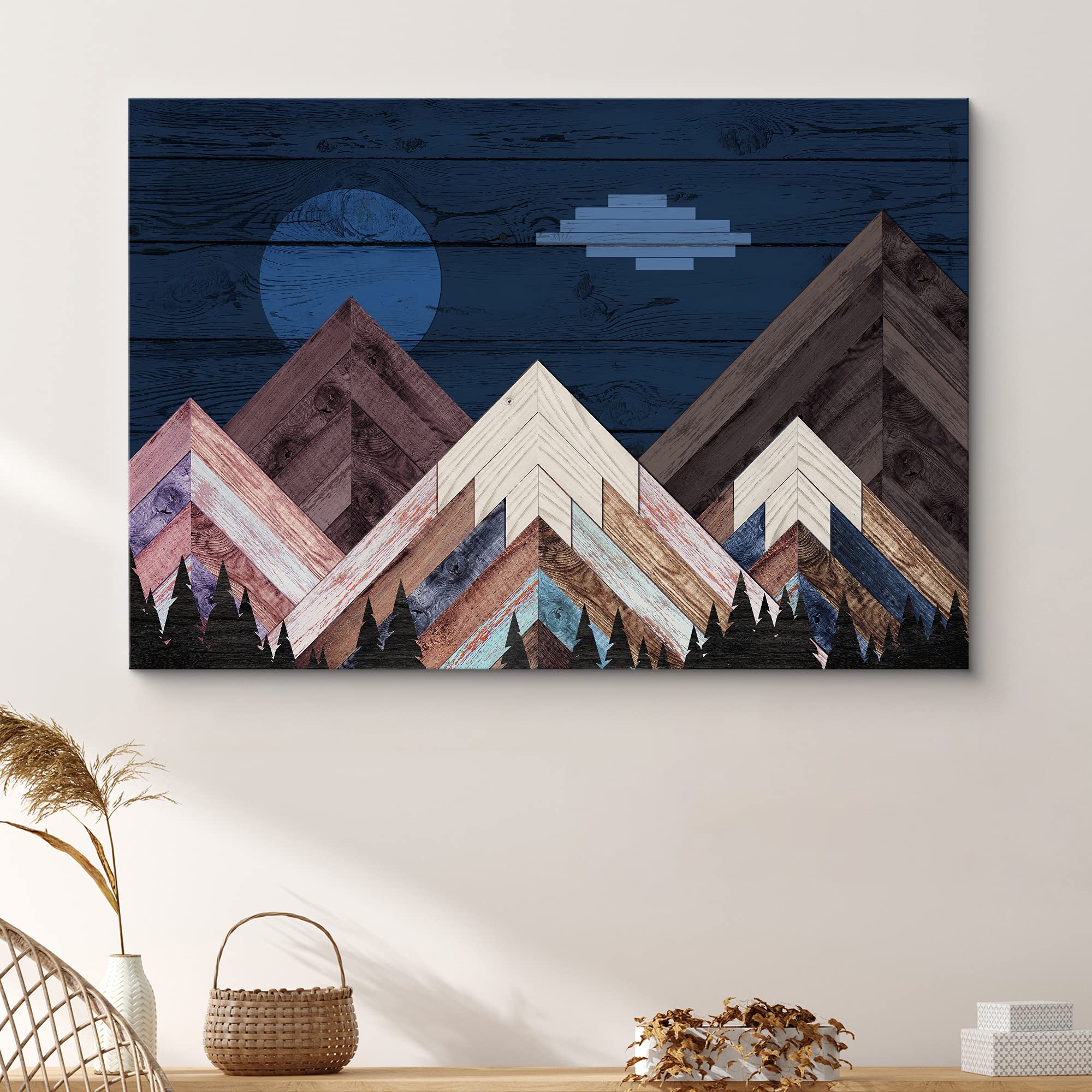 Signford Canvas Print Wall Art Western Decor Woodblock Night Mountain Range Nature Wilderness Wood Panels Modern Art Contemporar