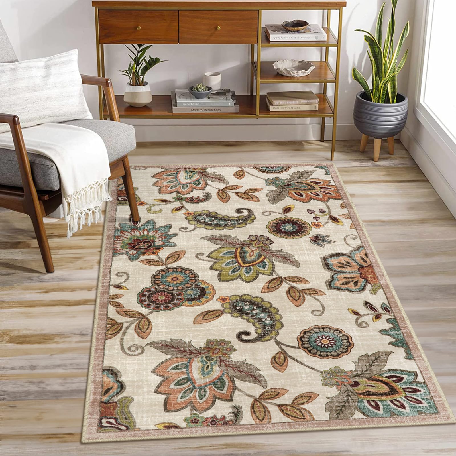 Morebes Floral 3x5 Beige Area Rug,Machine Washable Throw Rug Non Slip,Soft Paisley Dorm Rug Entryway Bathroom Mat,Indoor Accent 