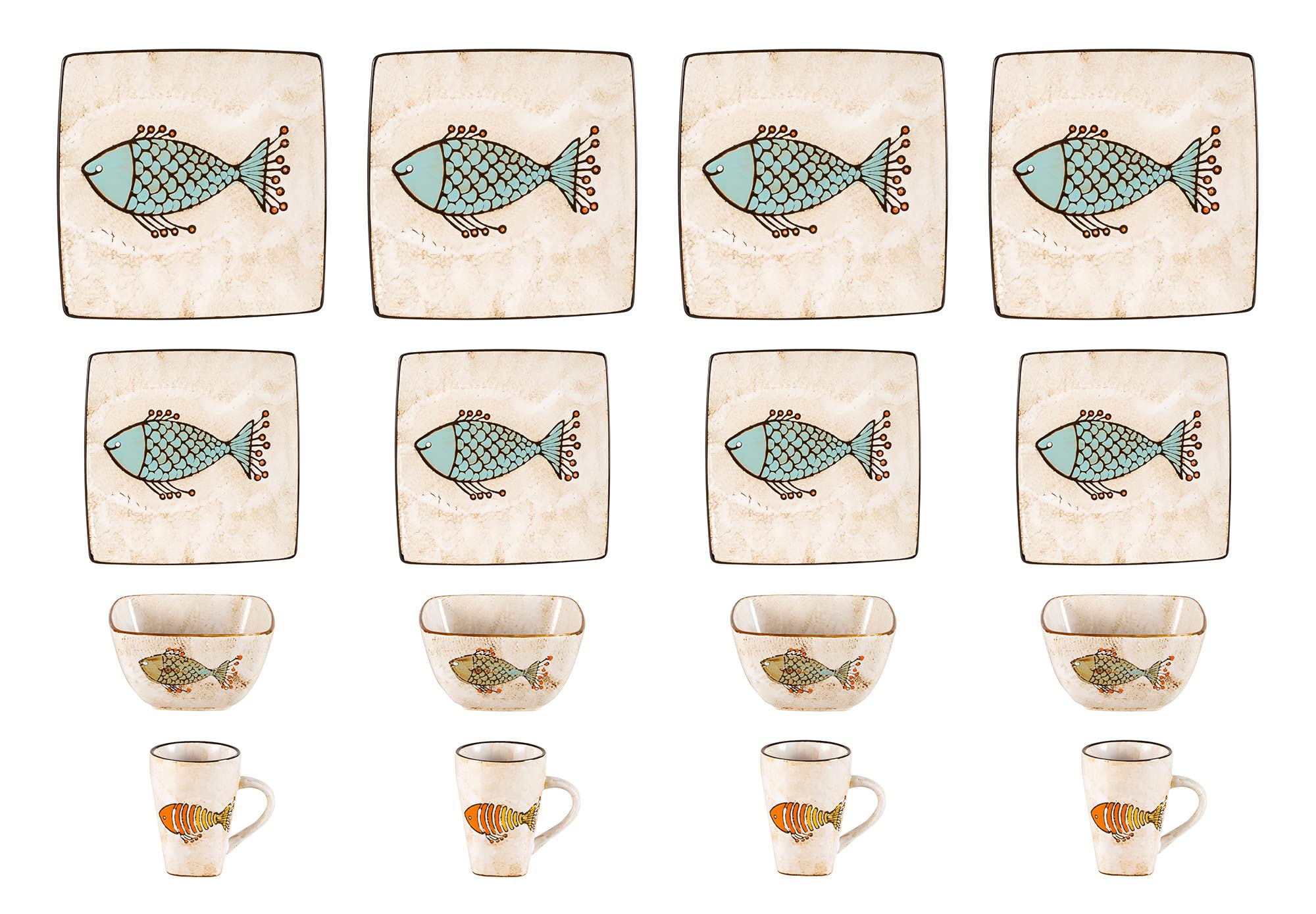 HomeVss, Stoneware Artisan Hand Painted Fish, 16pc Reactive Glaze Dinnerware Set
