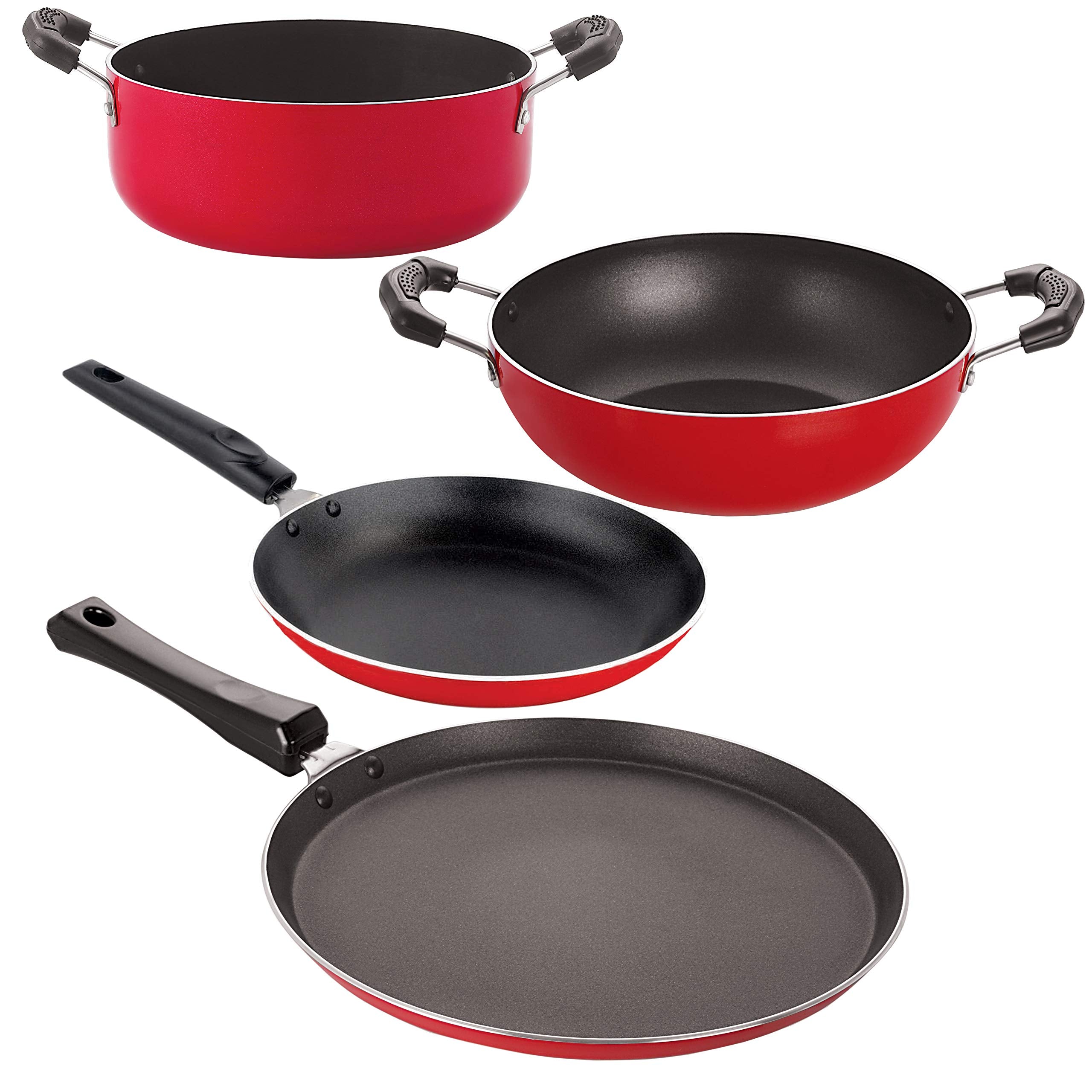 Nirlon NonStick Aluminium Pfoa Free Healthy Kitchenware Set  4 Piece, Red & Black