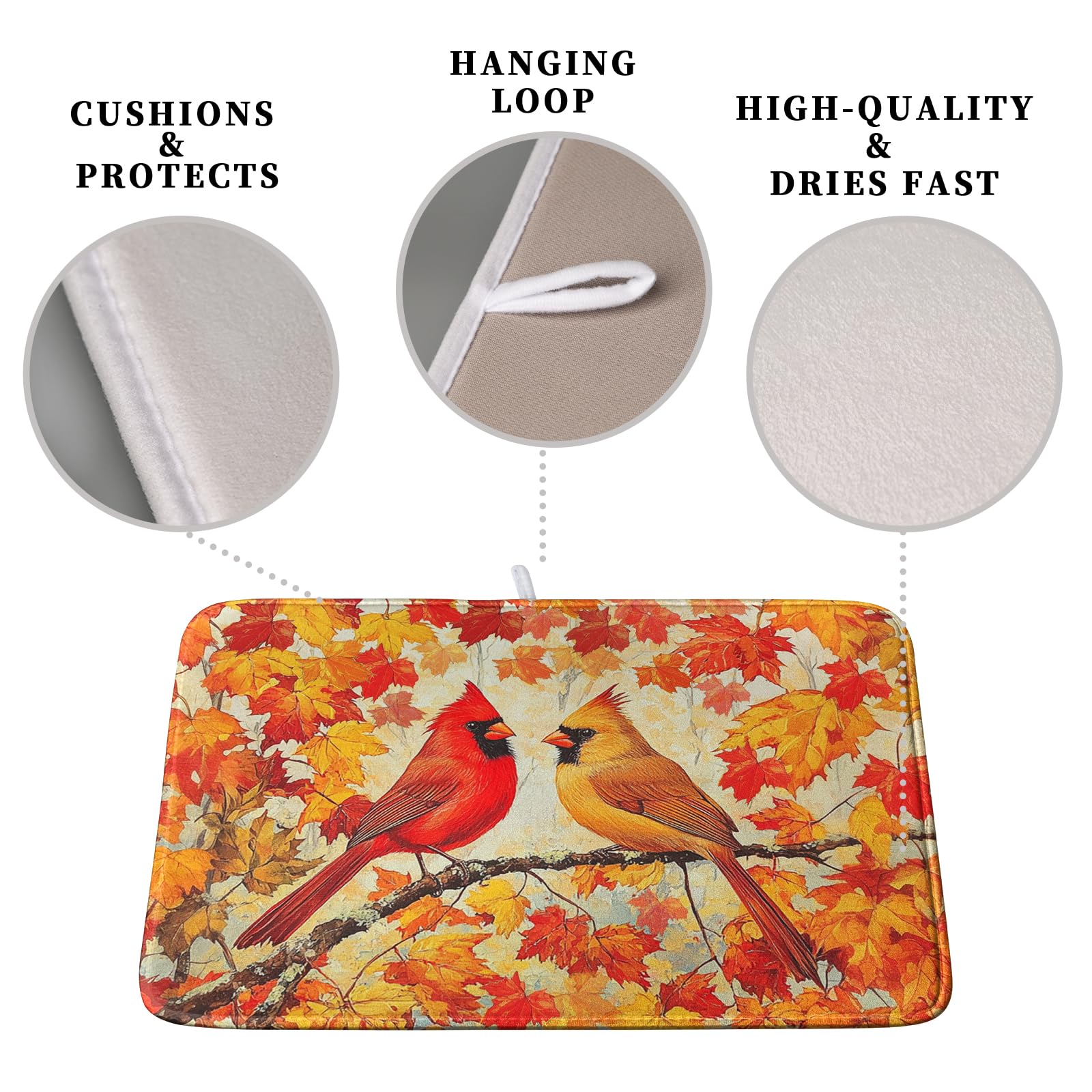 Kwlegh Fall Dish Drying Mats for Kitchen Counter Maple Leaf Cardinal Birds Dish Draining Mat 18x24 Inch Autumn Thanksgiving Dish