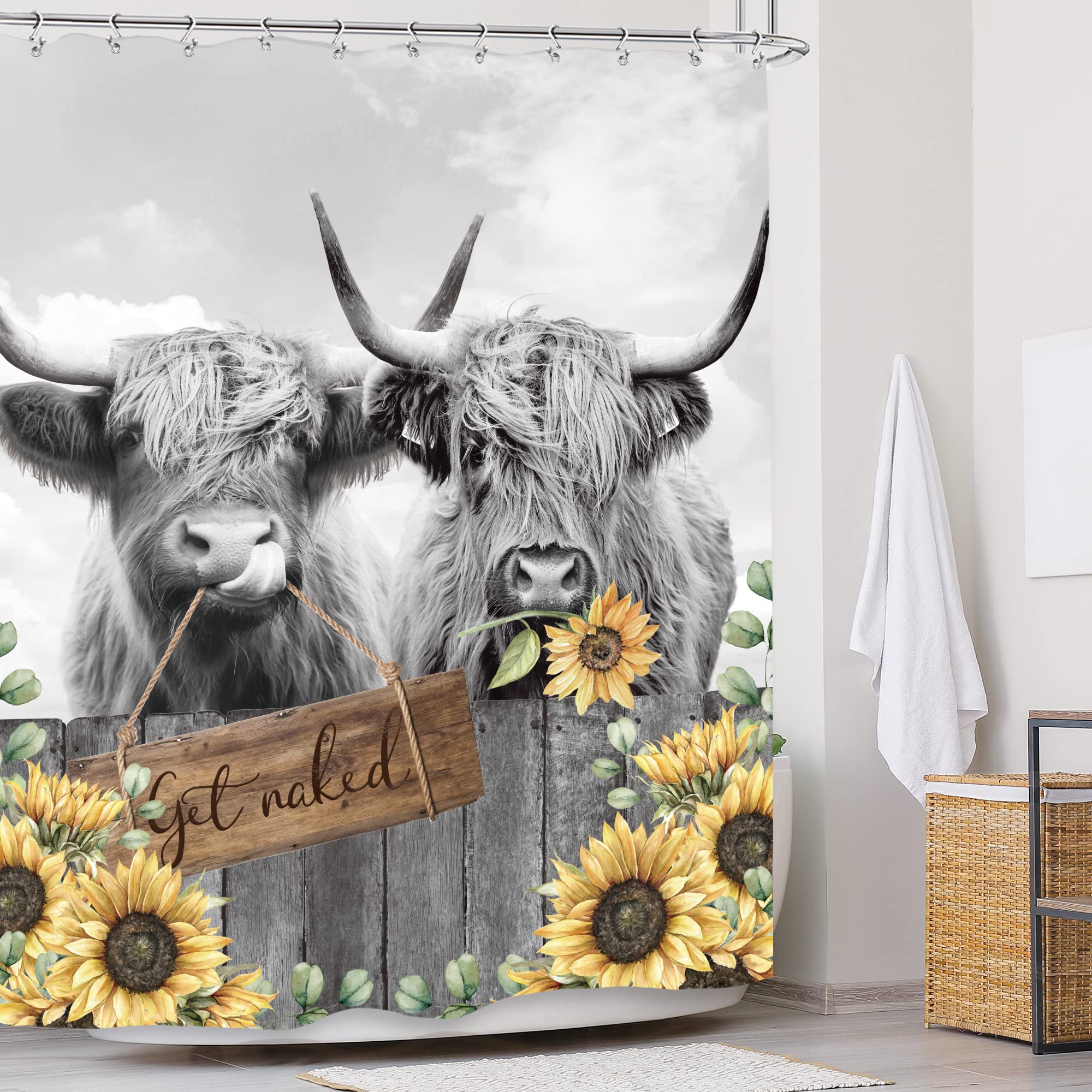 Glawry Vintage Highland Cow Sunflower Shower Curtain 60Wx72L Inches Funny Western Country Retro Get Naked Bull Cattle Farmhouse