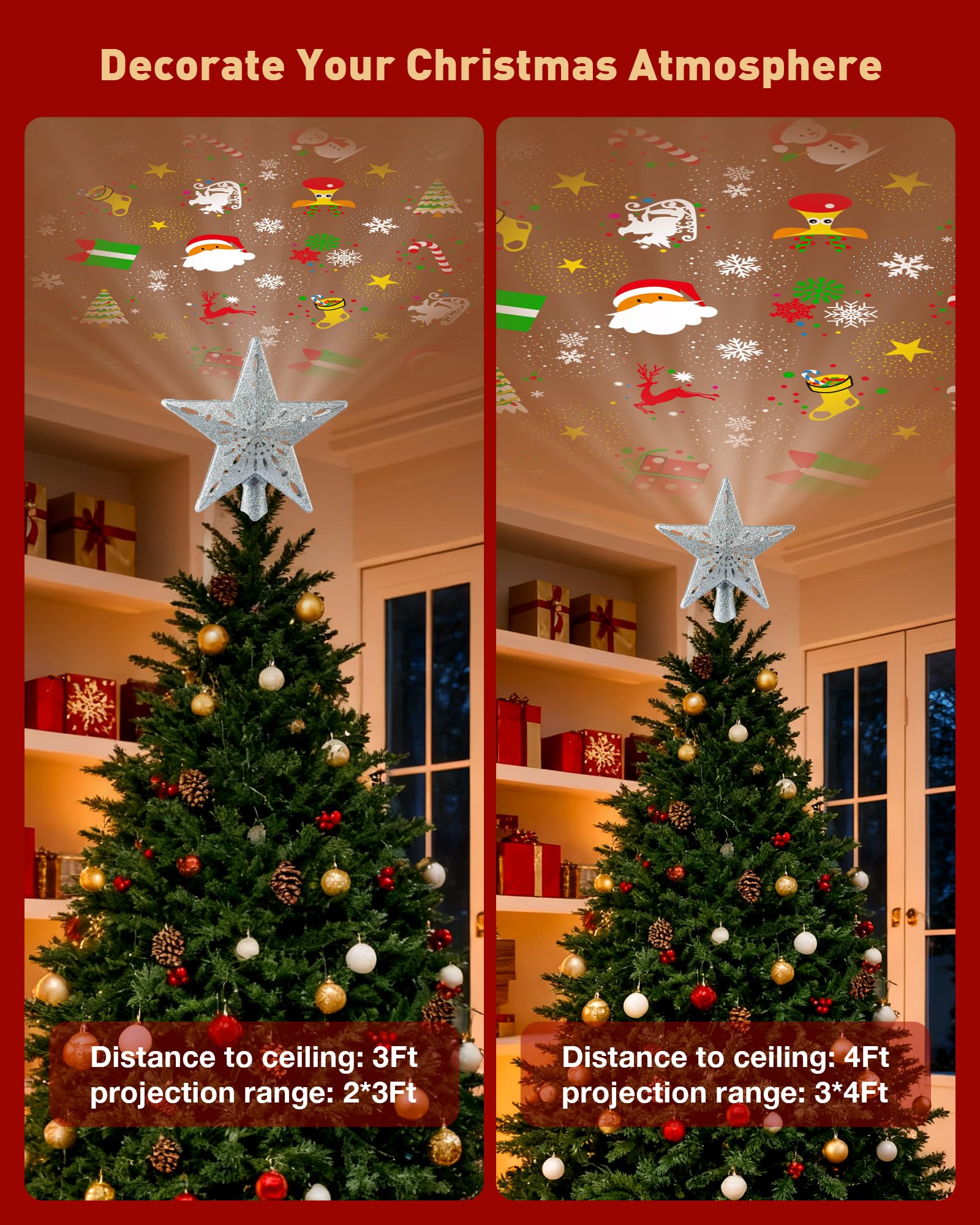 Christmas Tree Topper Lighted with 6 Patterns Projector, Christmas Star Tree Topper Built-in 3D Glitter LED Rotating Lights, Hol