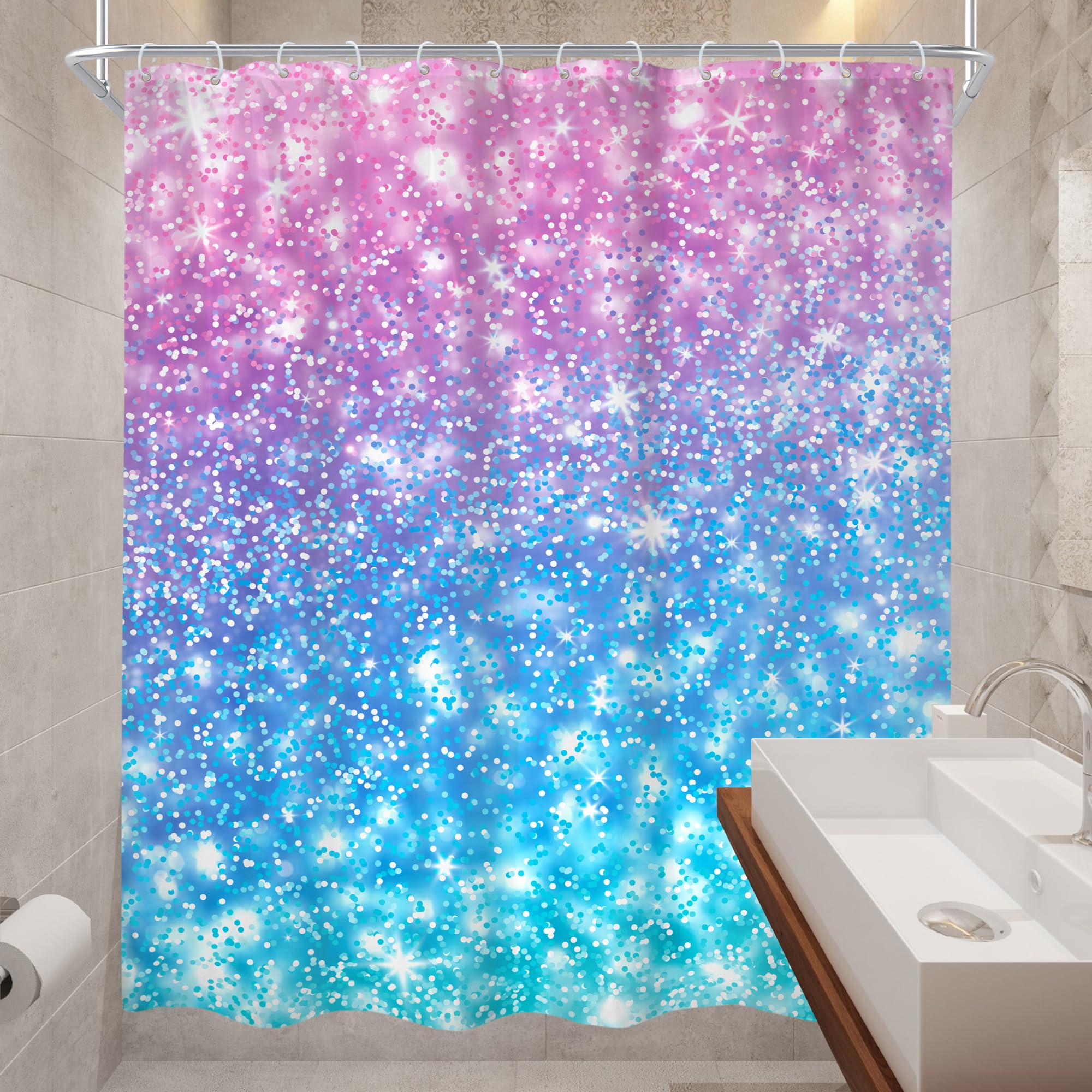 Cinbloo Kids Ombre Teal Shower Curtain 60Wx72H (Not Glitter) Colorful Turquoise Purple Shower Curtain For Girl Women Rainbow Pol