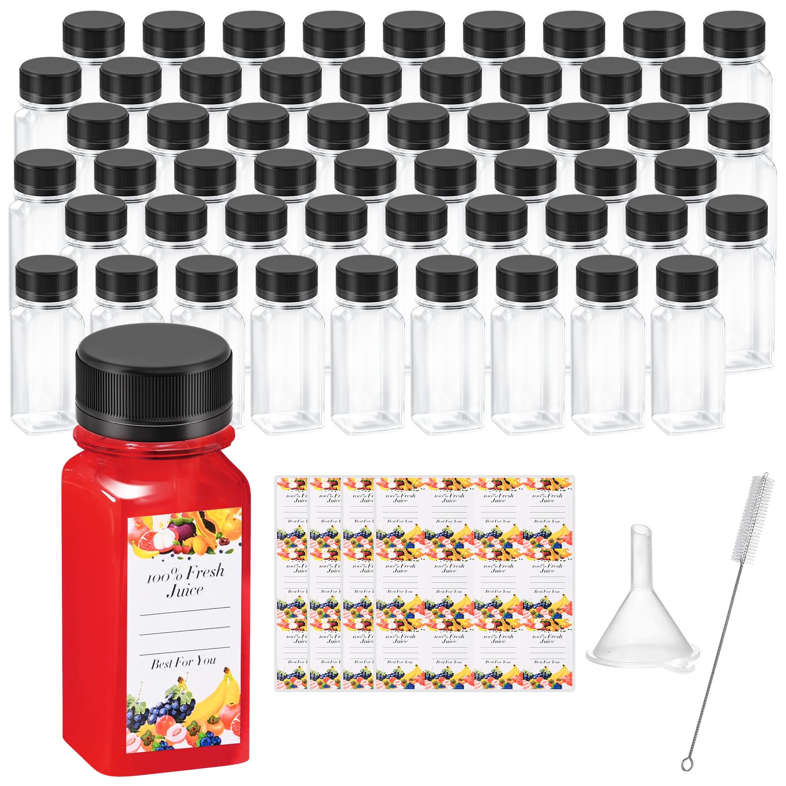 50Pcs 2Oz Bottles With Caps, Empty Juice Bottles For Juicing, Reusable Juice Containers With Labels,Small Clear Plastic Juice Bo
