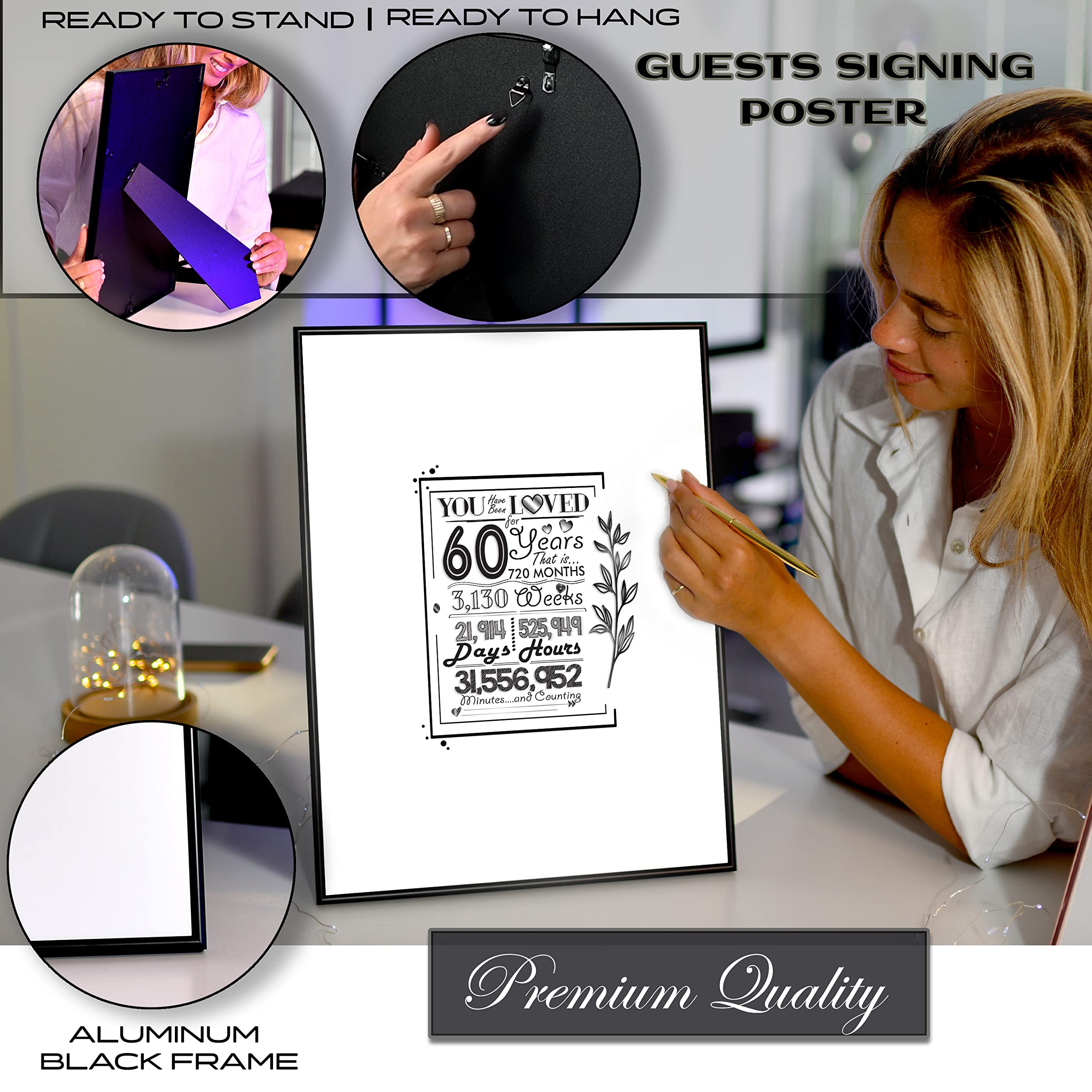 Framed 60Th Birthday Decorations Sign Poster For Men Women 12 ''X16 ''- 60 Birthday Party Favors, Guest Book Alternative - With