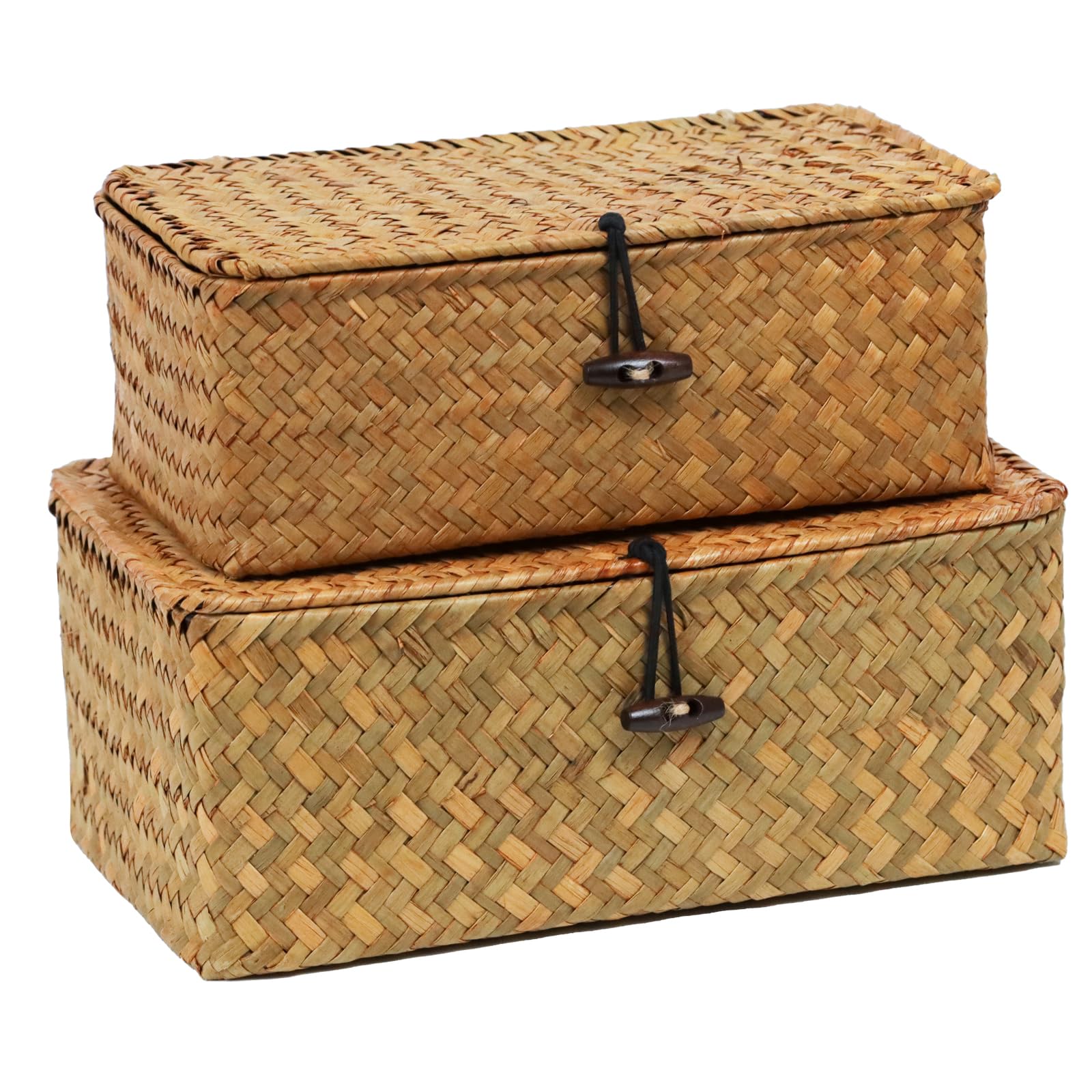 Set Of 2 Wicker Basket With Lid, Seagrass Woven Basket For Storage, Decorative Storage Baskets Bins For Organizing Home