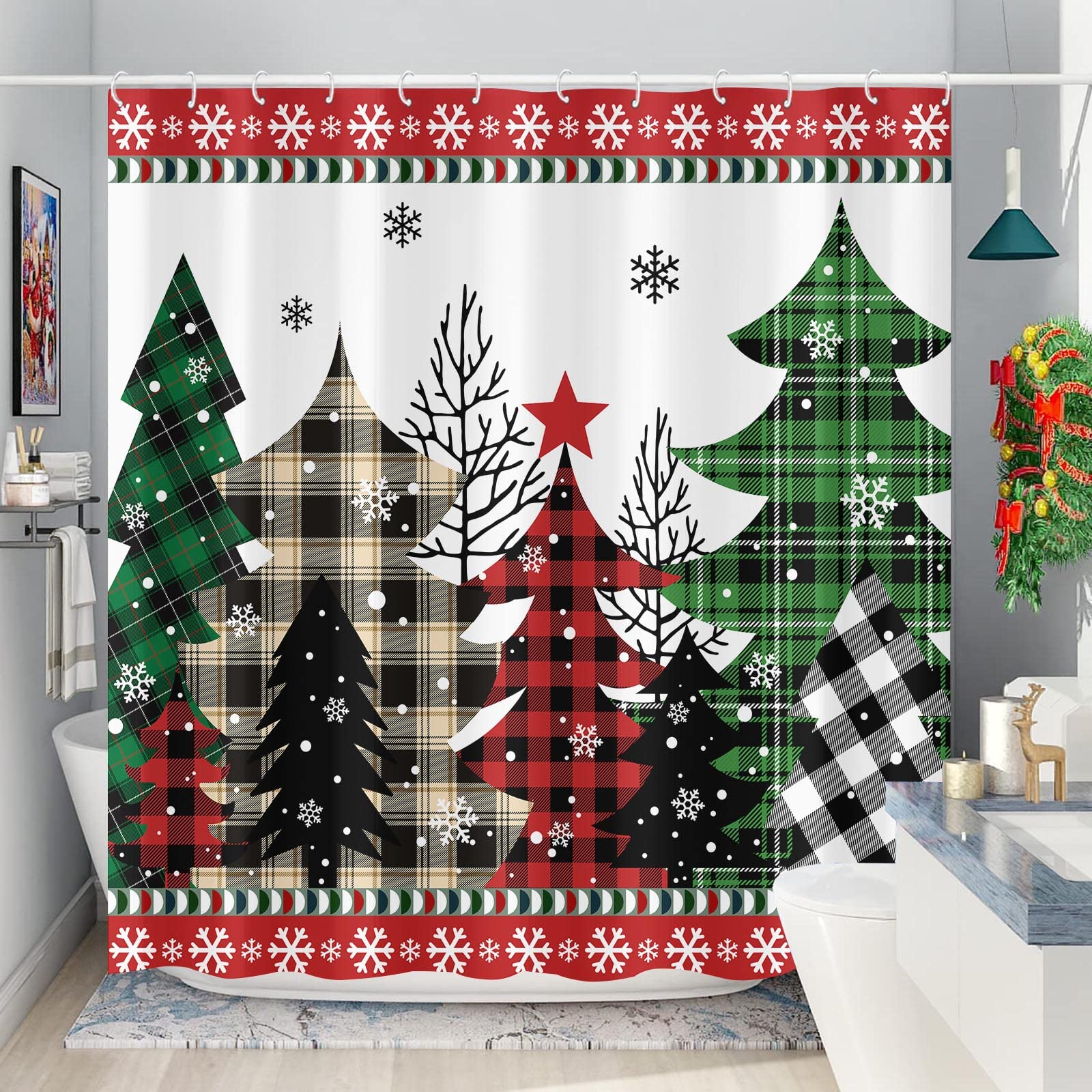 Zussun Christmas Shower Curtain Red And Green Buffalo Plaid Tree Winter Snowflake Waterproof Fabric Shower Curtains For Bathroom