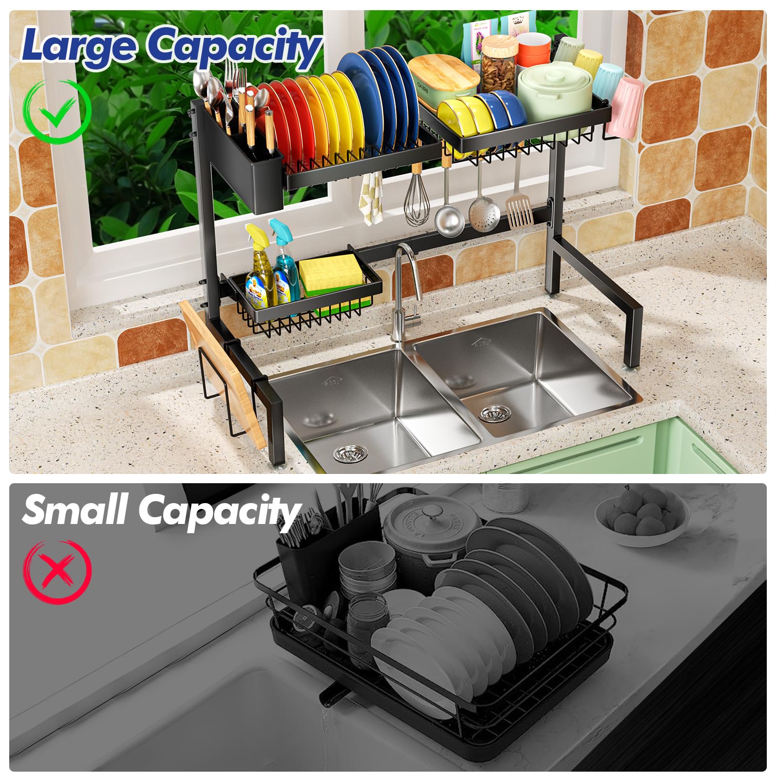 Snslxh 2-Tier Over The Sink Dish Drying Rack, Kitchen Large Dish Drying Rack Over The Sink, Suitable For Most Sinks, Effective D