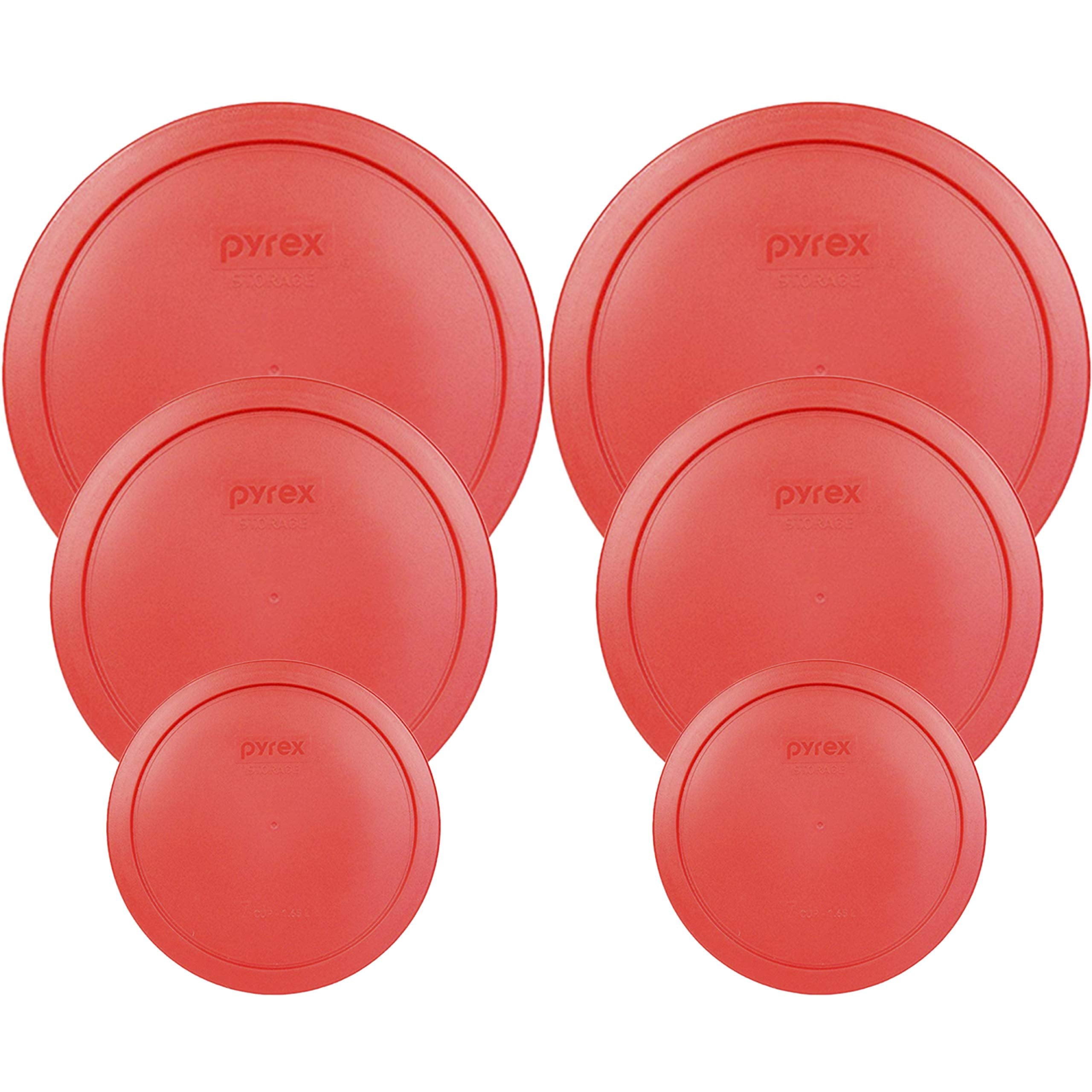 Pyrex Round Storage Cover, Replacement Lids for Glass Bowl, 2 (6/7) Cup Red Lids, 2 (4) Cup Red Lids, 2 (2) Cup Red Lids, 6 Lids