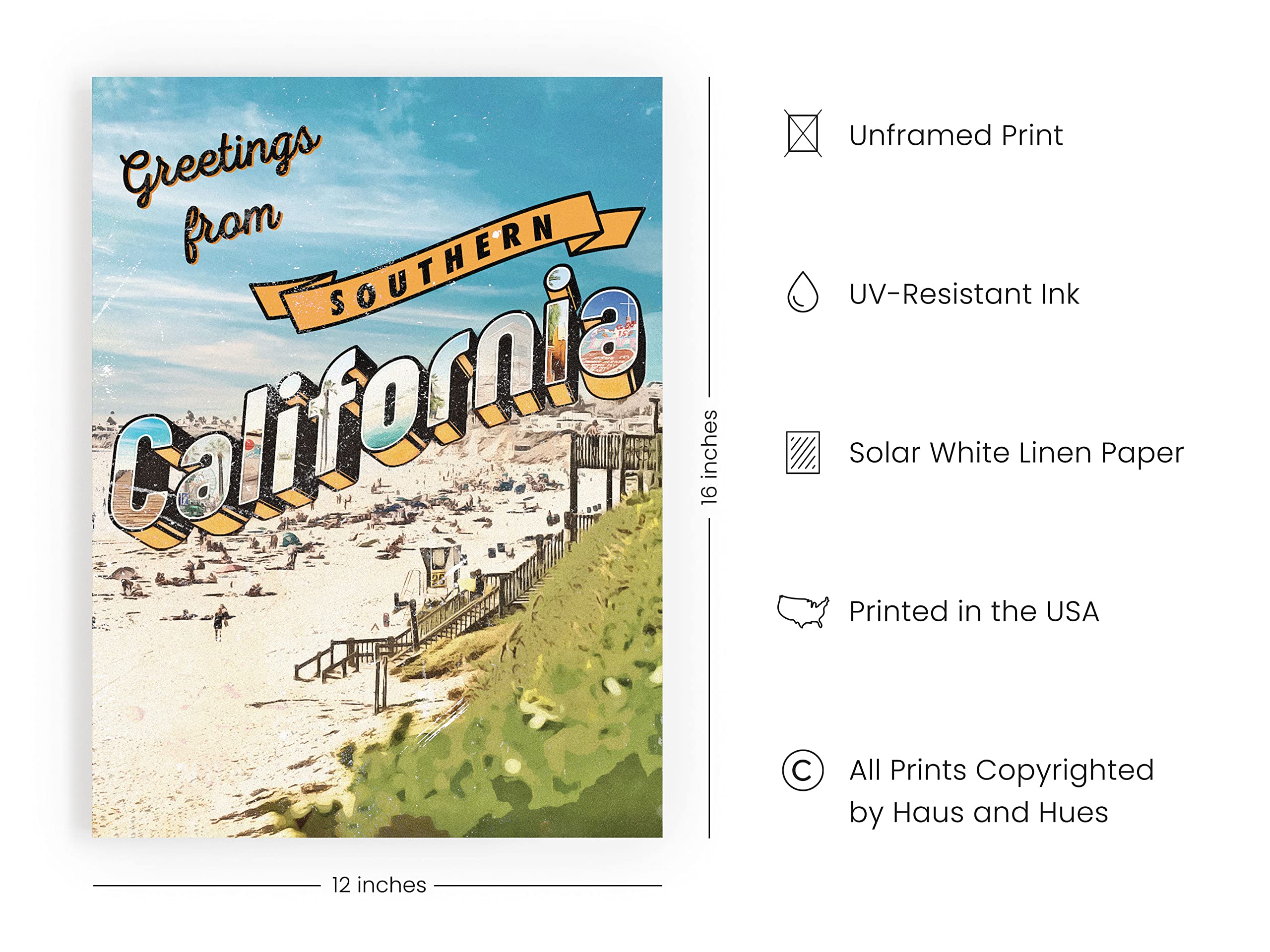 HAUS AND HUES Vintage Posters California Travel Wall Art - California Vintage Posters and California Pictures Wall Art  Vintage California Sign Los Angeles Print UNFRAMED 12x16
