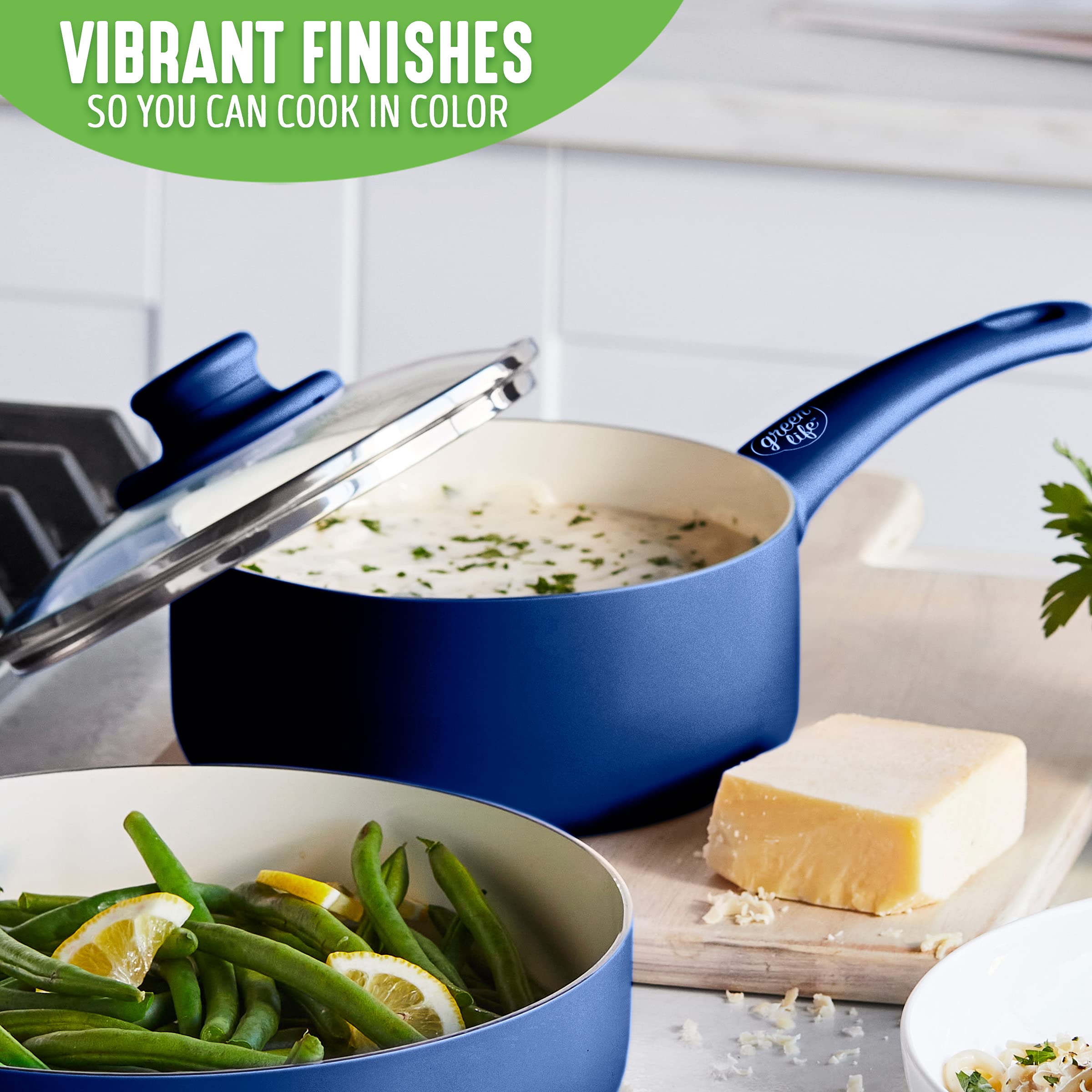 Greenlife Soft Grip Healthy Ceramic Nonstick, 1Qt And 2Qt Saucepan Pot Set With Lids, Pfas-Free, Dishwasher Safe, Blue