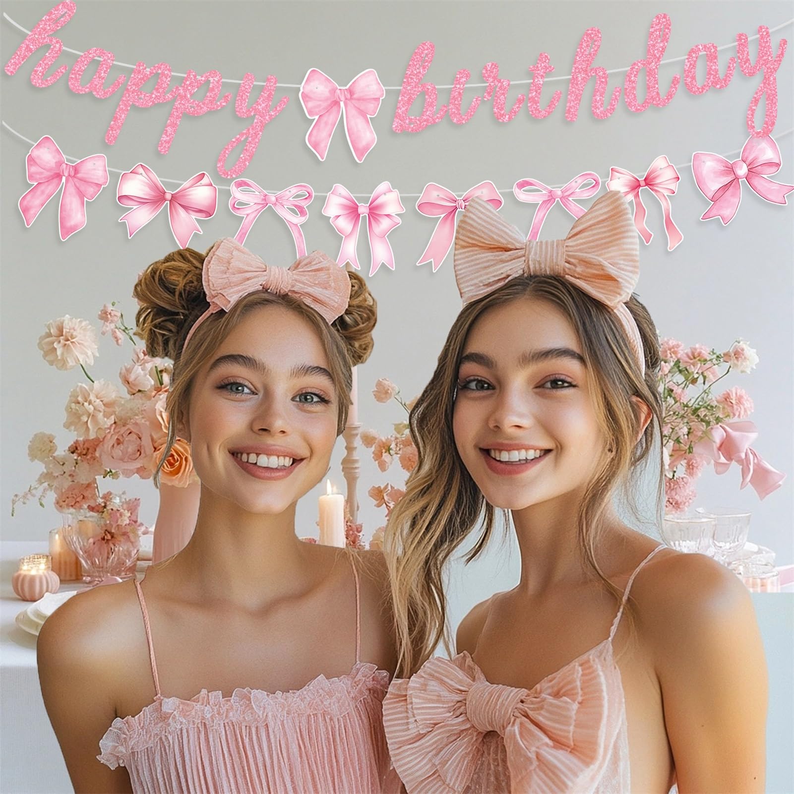 Pink Bow Happy Birthday Banner Garland for Girl Pink White Bow Party Decor Coquette Birthday Party Decorations