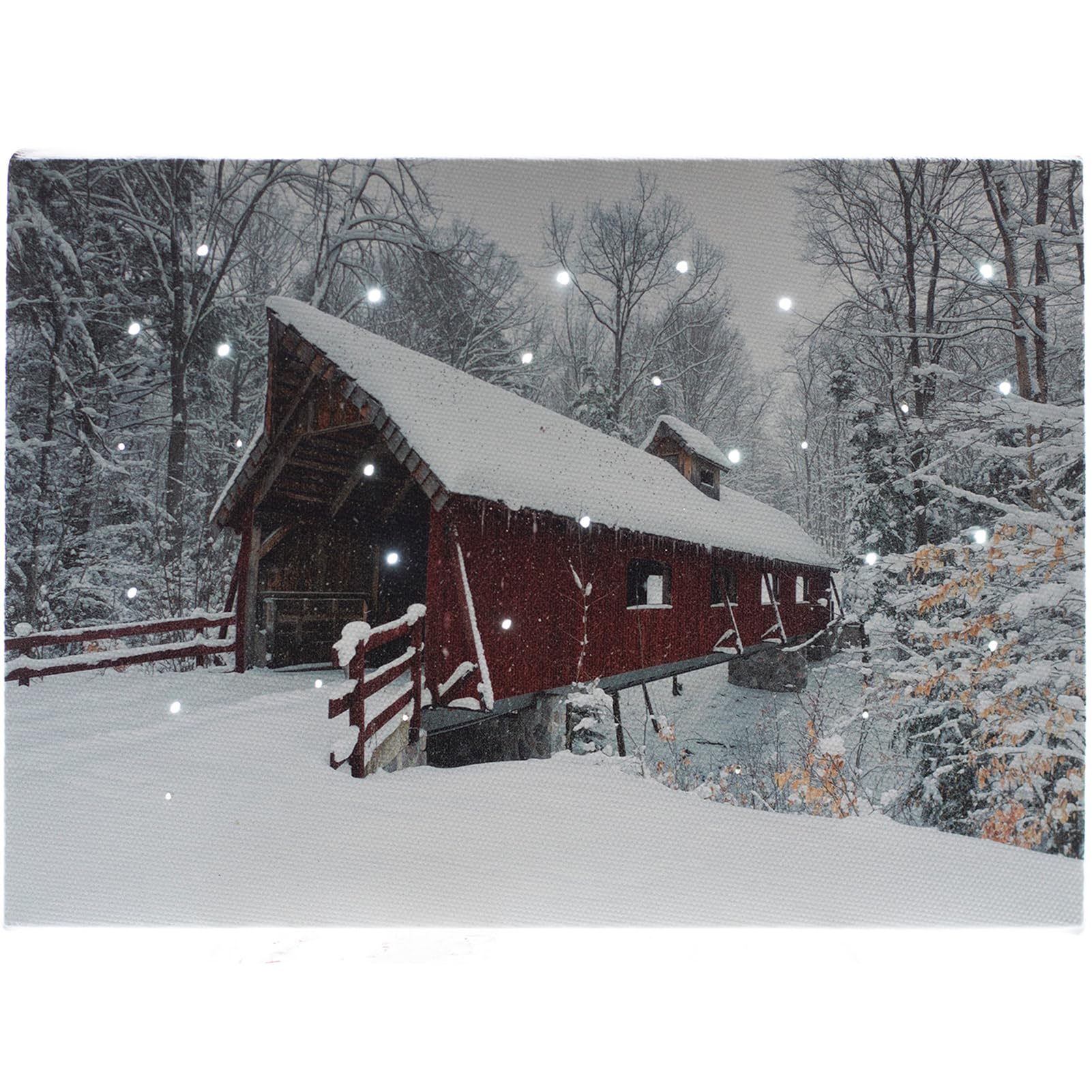 Led Lighted Canvas Tabletop Decor Mdf Framed Canvas Pictures With Timer, Light Up Snowy Winter Scene Print With Optic-Fiber Ligh