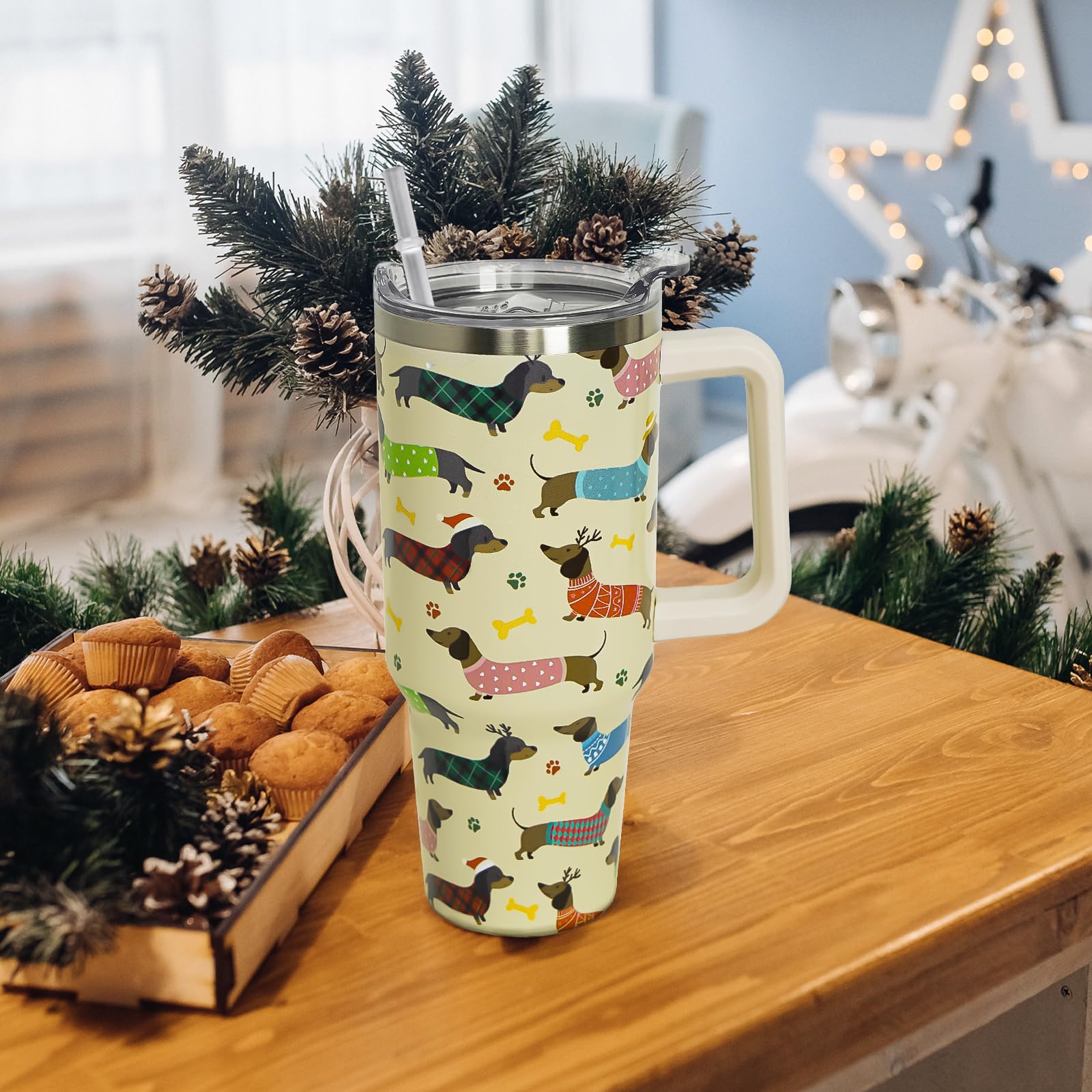 Nqhsionv Dachshund Tumbler with Handle and Straw 40 oz Christmas Cup Weiner Dog Coffee Travel Mug Stainless Steel Insulated Wate