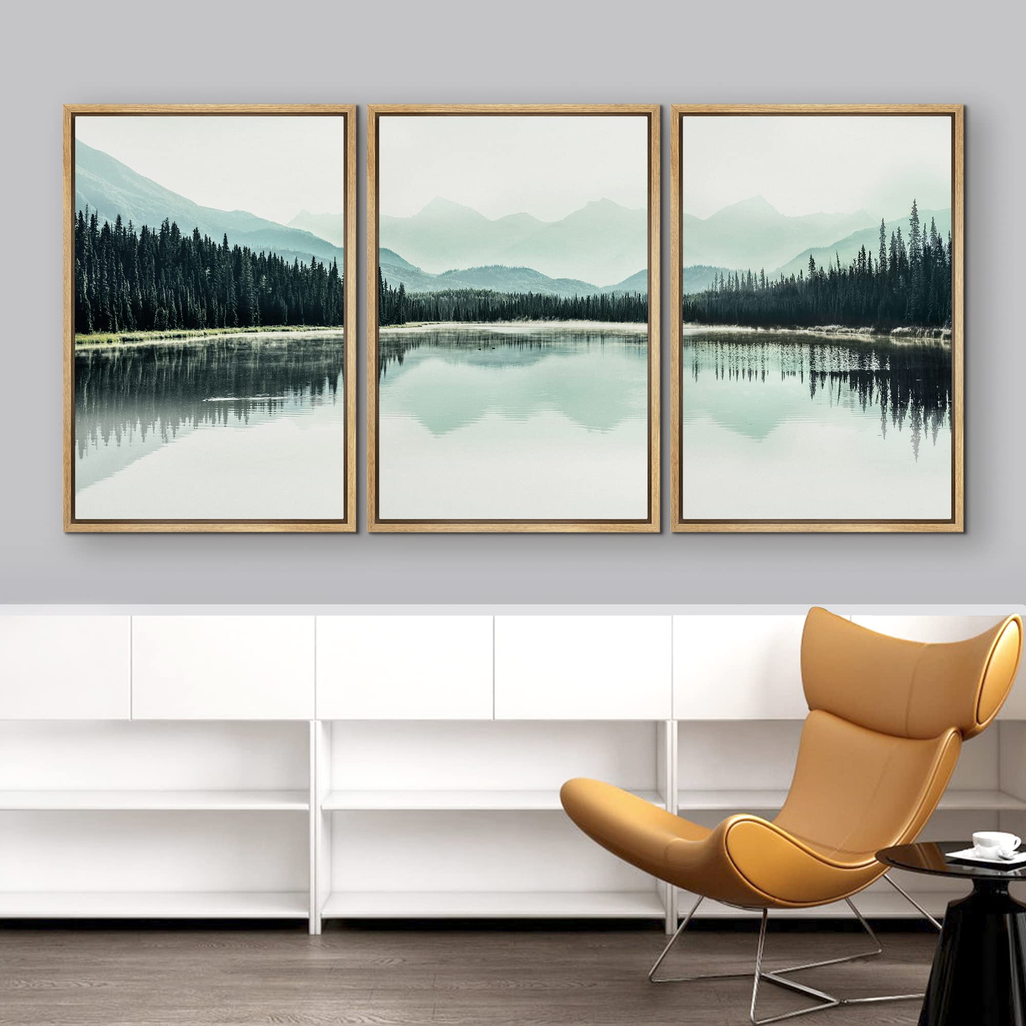 Nwt Framed Canvas Print Wall Art Set Teal Mountain Range Lake Forest Landscape Nature Wilderness Photography Modern Art Rustic S