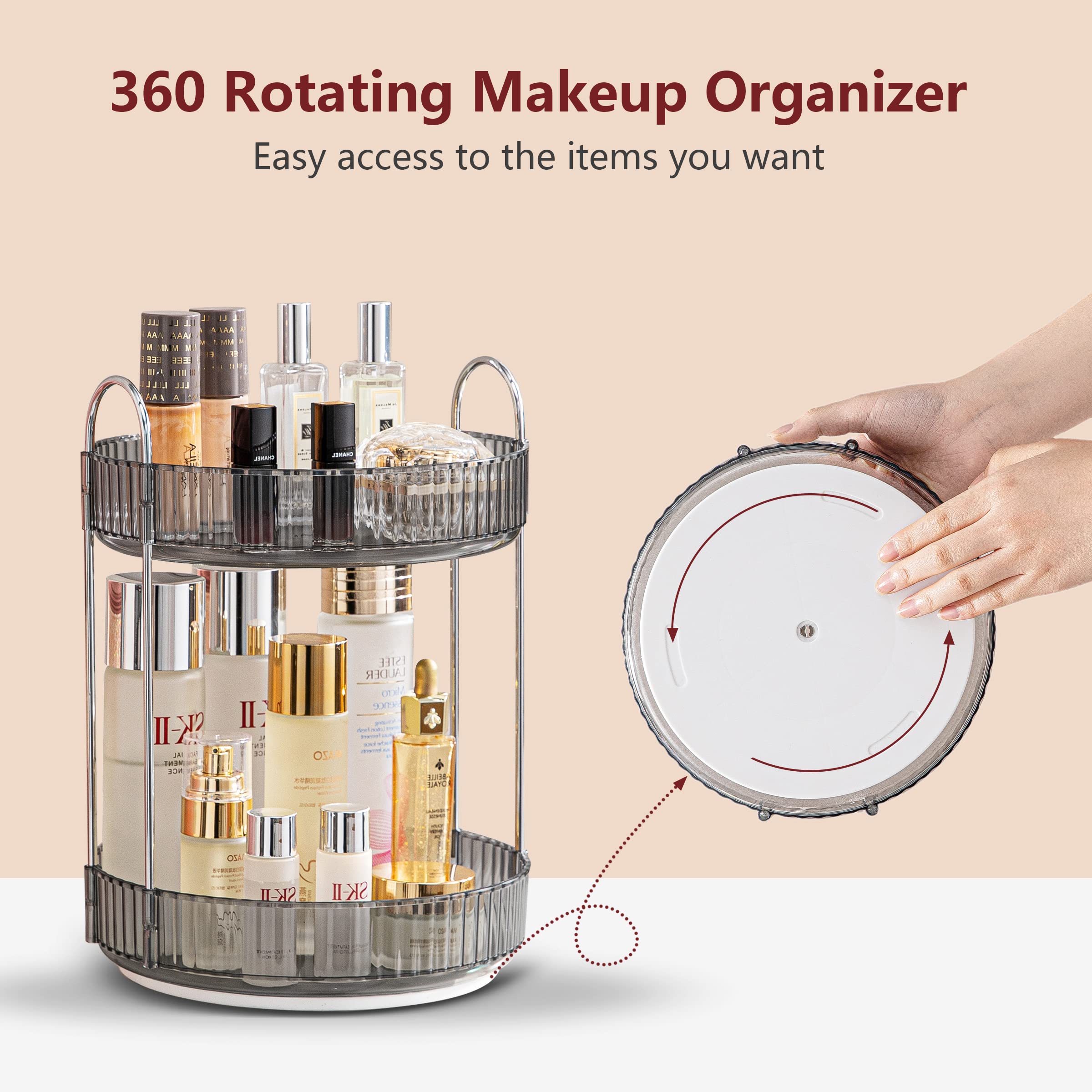 Invssene 360 Rotating Makeup Organizer, Bathroom Make Up Spinning Holder Rack, Large Capacity Cosmetics Storage Vanity Shelf Cou