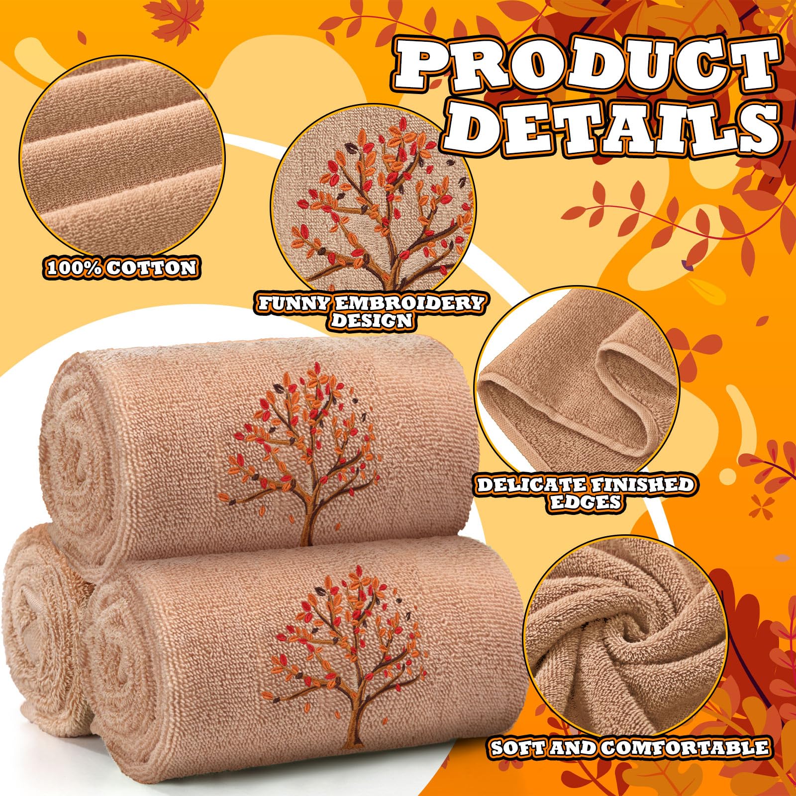 Fanfanwin 3 Pcs Thanksgiving Hand Towels for Bathroom 13.8 x 29.5 Inch Fall Decorative Bath Towels Sets 100% Cotton Embroidered