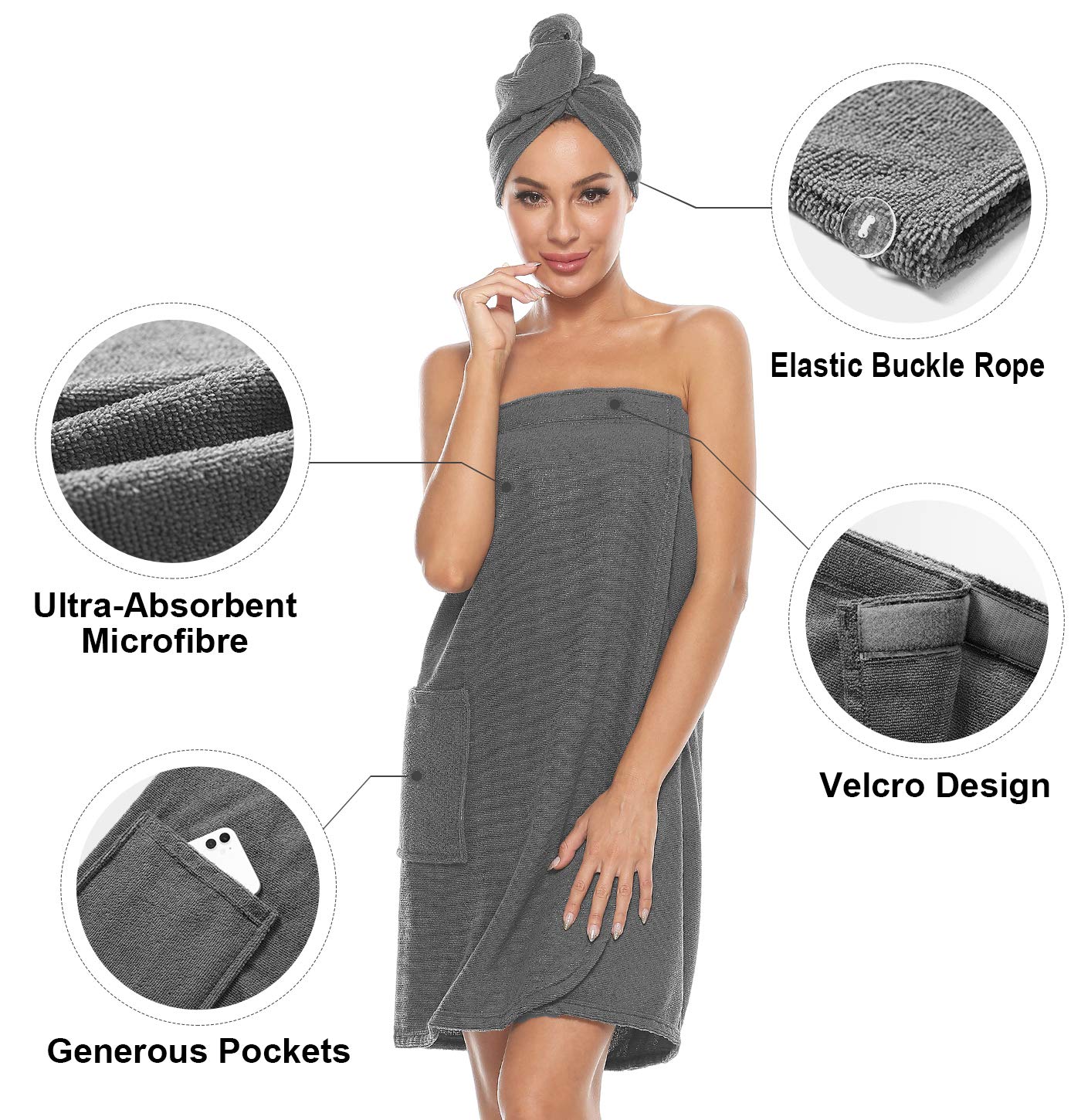 Orrpally Women Shower Wrap Robe Bath Wrap Towel Spa Body Wrap Adjustable Closure Bathrobe Grey S/M