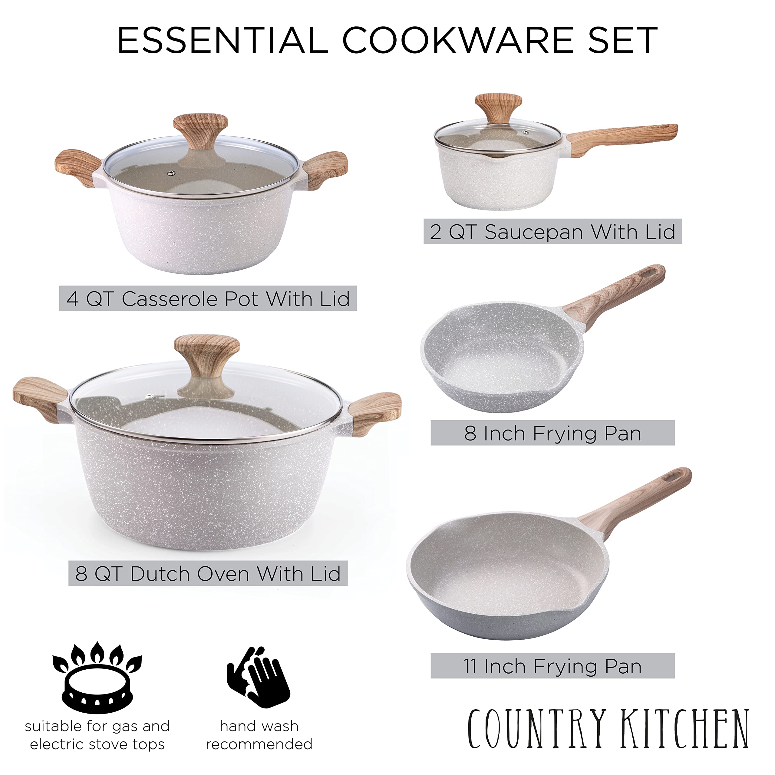 Country Kitchen Non-Stick Cookware Set, 8 Pc. Speckled Cream, Durable Aluminum Kitchenware for Everyday Cooking