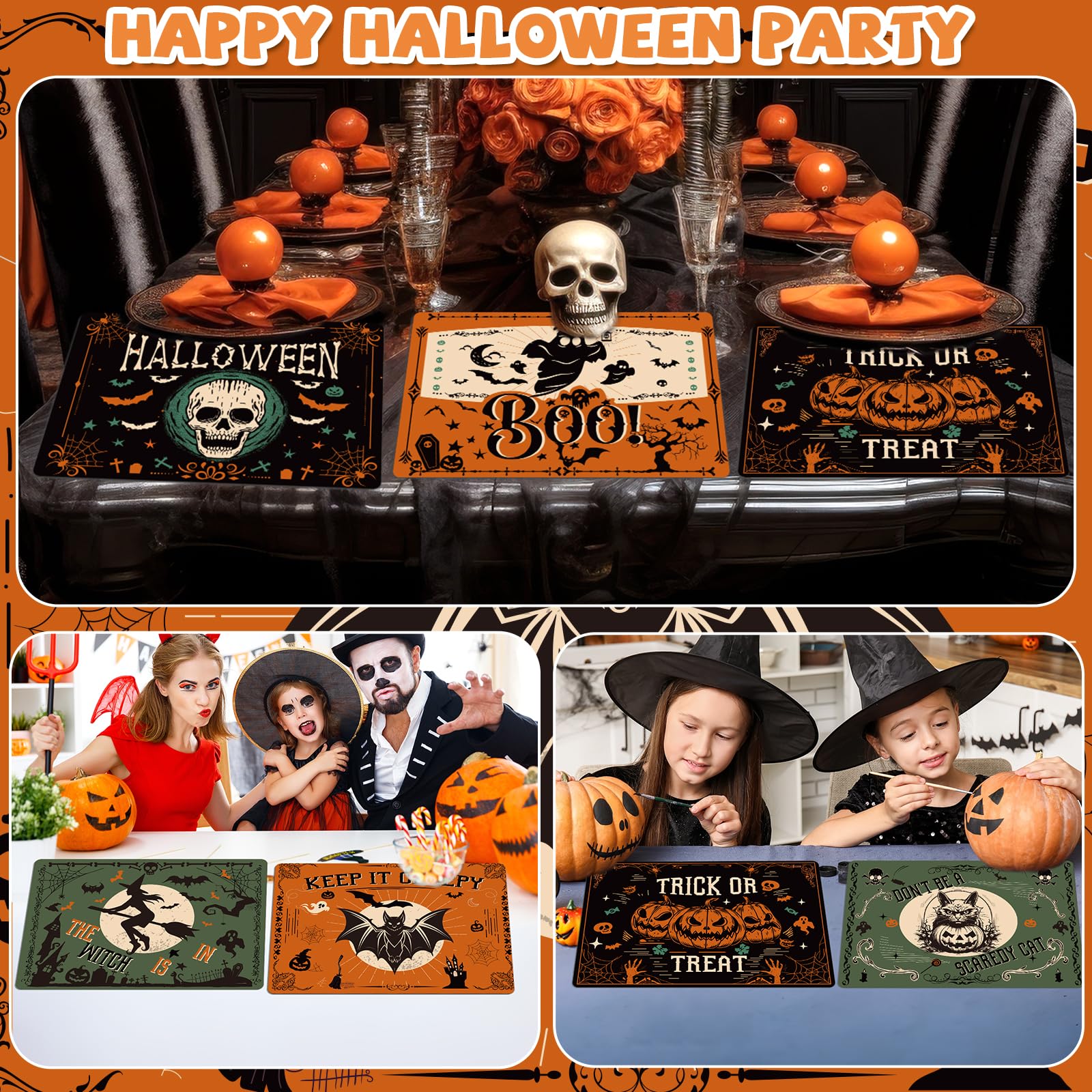 Halloween Placemats Set Of 6 Gothic Bat Plastic Place Mats Rectangle Pumpkin Witch Skull Ghost Table Mats Halloween Holiday Kitc