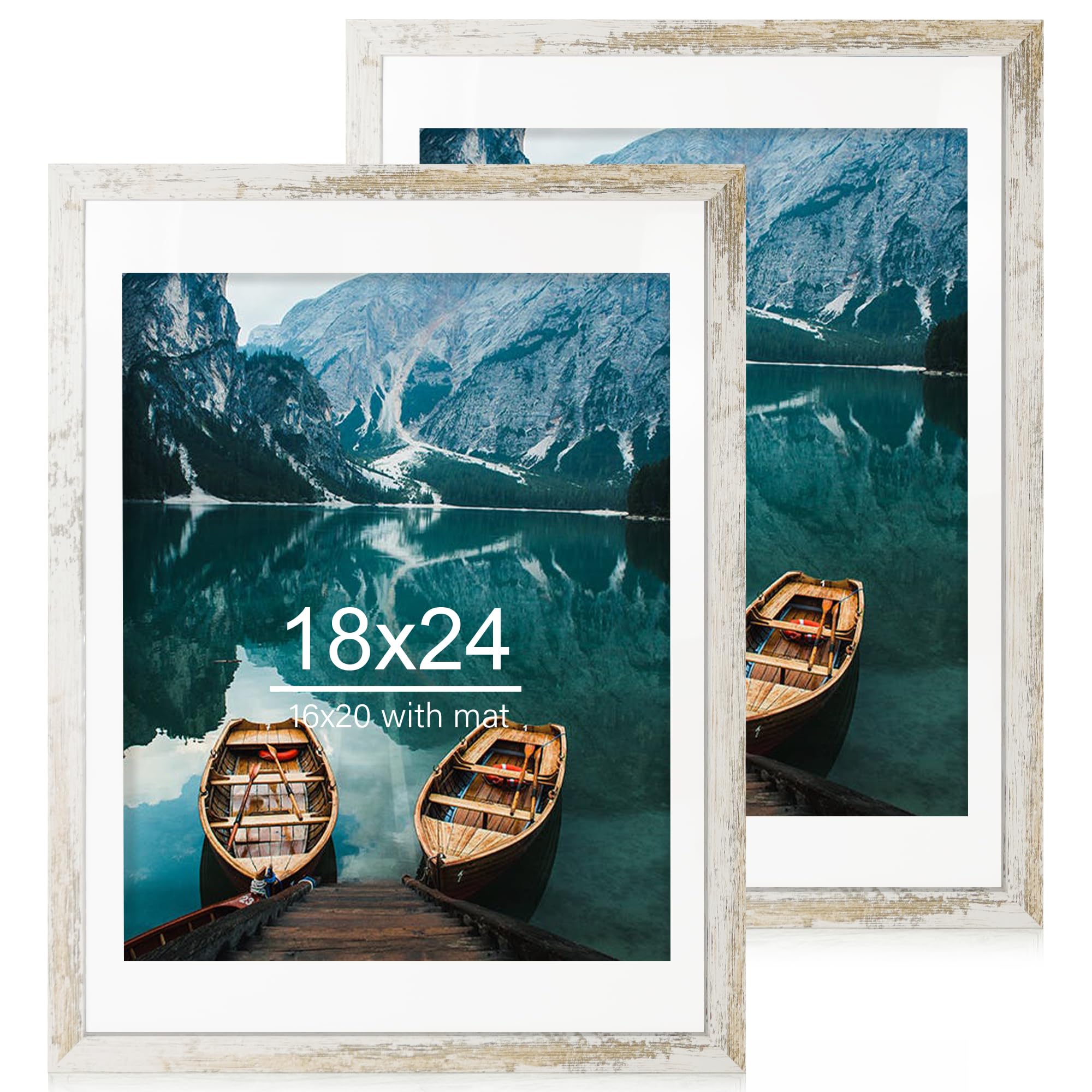 Hongkee 18x24 Frame Set of 2, Distressed White Wood Style - Display 18 x 24 Poster without Mat or 16x20 Picture with Mat, Wall M
