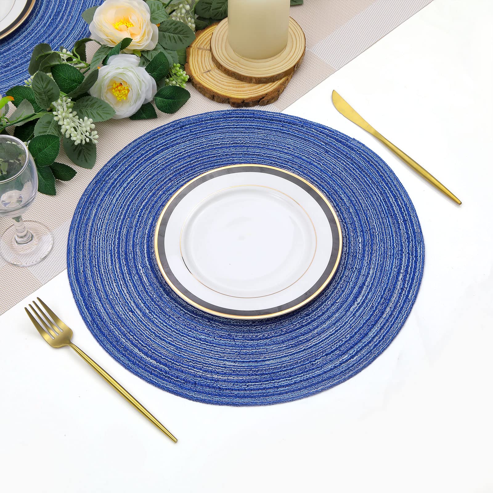 Shacos Round Braided Placemats Set Of 8 Round Table Mats For Dining Tables Washable Fabric Kitchen Table Place Mats (Blue White,