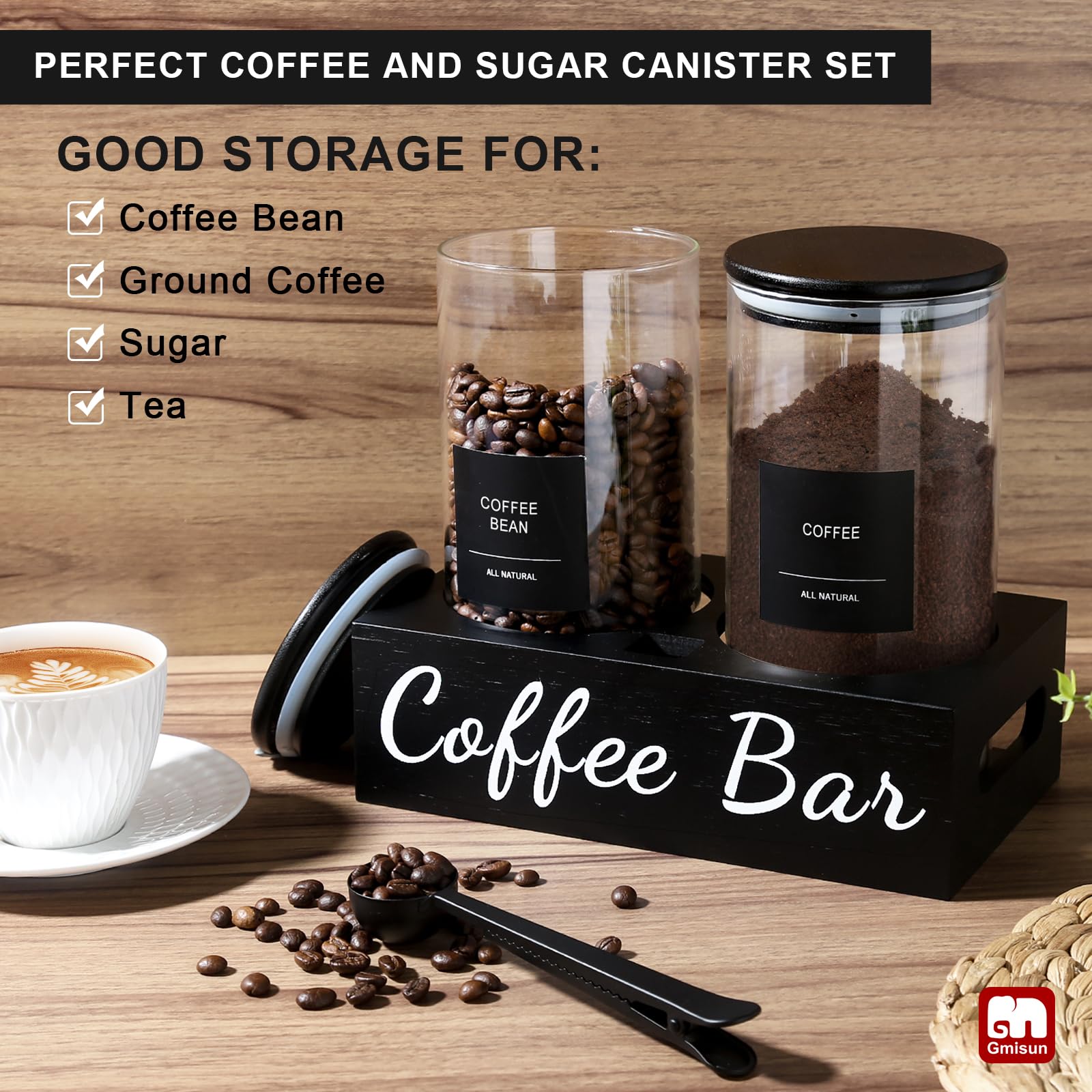 Gmisun Coffee Container, 2Pcs 50Oz Black Glass Coffee Bean Storage Canister With Airtight Lids, Coffee And Sugar Jar Set With Sc