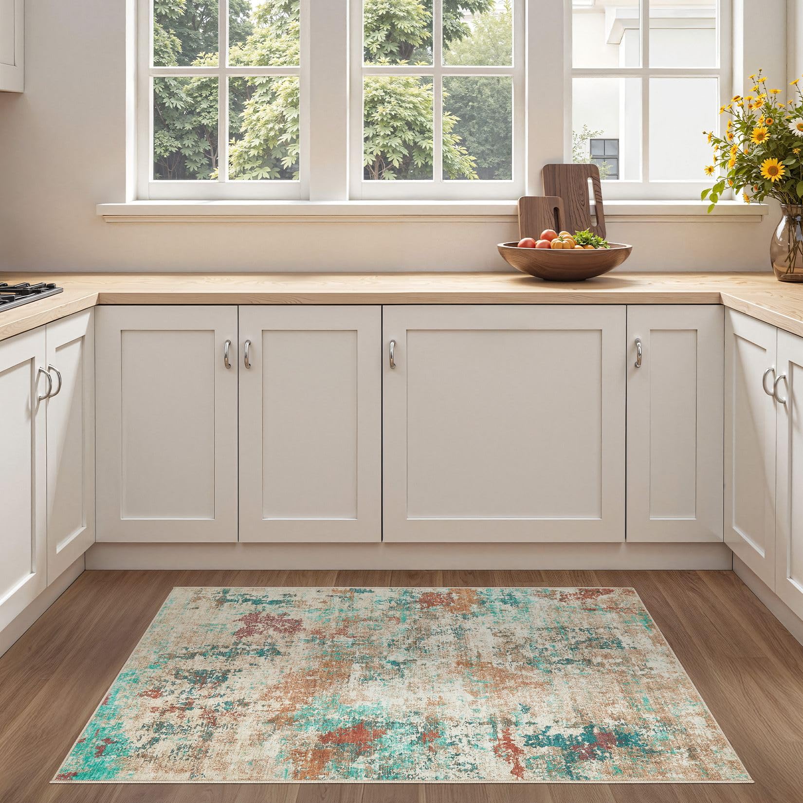 UERMEI 3x5 Area Rug: Washable Entryway Rugs - Neutral Modern Abstract Small Carpet - Non-Slip Low Pile Throw Indoor Rugs for Bed