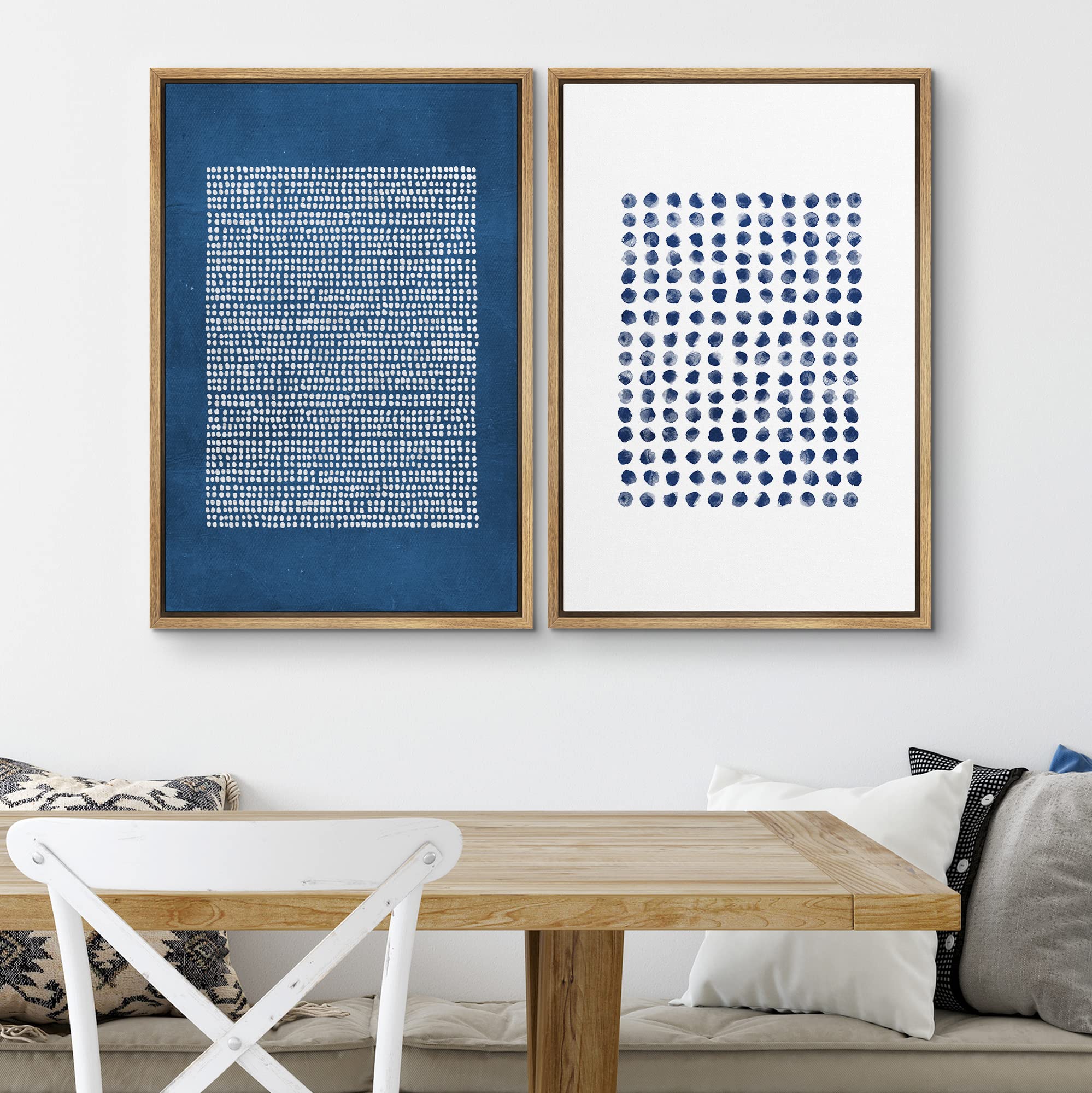 SIGNWIN Framed Canvas Print Wall Art Set Navy Blue White Geometric Dot Collage Abstract Shape Illustration Modern Art Decorative Nordic Multicolor for Living Room  Bedroom  Office - 16''x24''x2 Natural