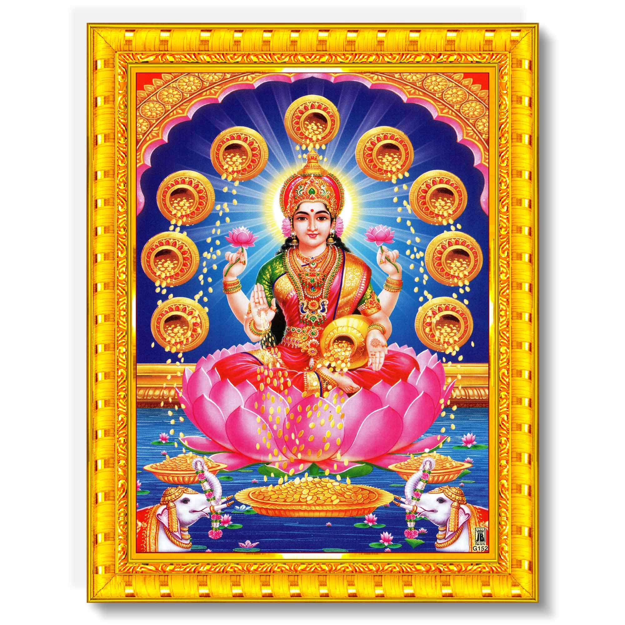 Pavan Photo Laminations Goddess Lakshmi Devi Dhana Vaibhav Laxmi Maa Wall Painting Framed Home Decor (Wood,Matte,Gold,Small Size