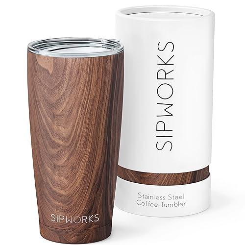 Sipworks Stainless Steel Coffee Tumbler - 20oz Coffee Tumblers with Lids & Double Walled Vacuum Insulation for Hot & Cold Drinks - Spillproof Travel Insulated Coffee Tumbler  Mahogany