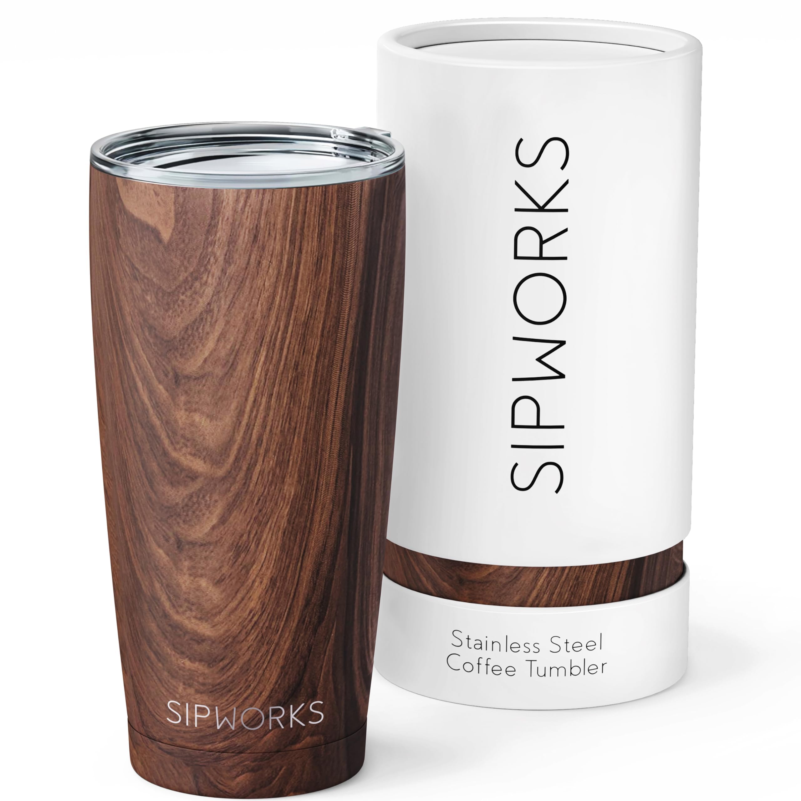 Sipworks Stainless Steel Coffee Tumbler - 20oz Coffee Tumblers with Lids & Double Walled Vacuum Insulation for Hot & Cold Drinks - Spillproof Travel Insulated Coffee Tumbler  Mahogany