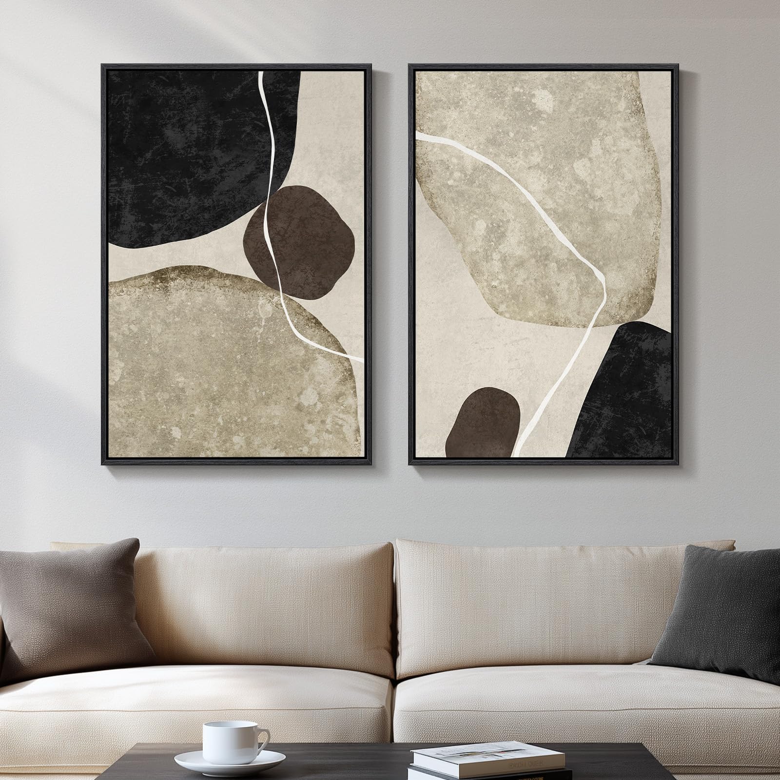 Framed Neutral Abstract Wall Art, 2 Piece Large Modern Black Beige Brown Canvas Prints Paintings Artwork For Walls, Minimalist S