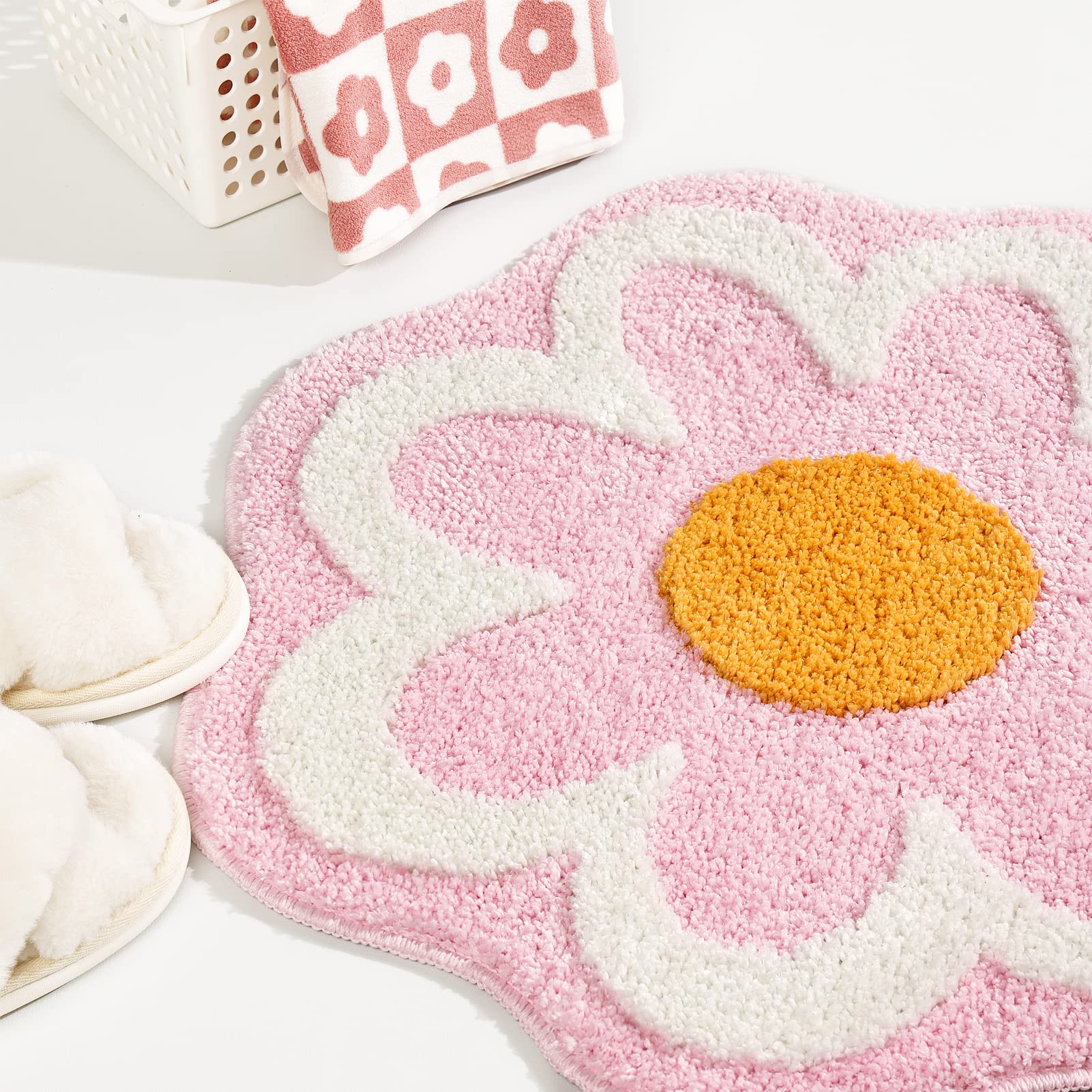 Truedays Cute Pink Flower Bath Mat, Machine Washable Bath Rug, Ultra Soft And Fluffy Bathroom Mat, Small Round Non-Slip Water Ab