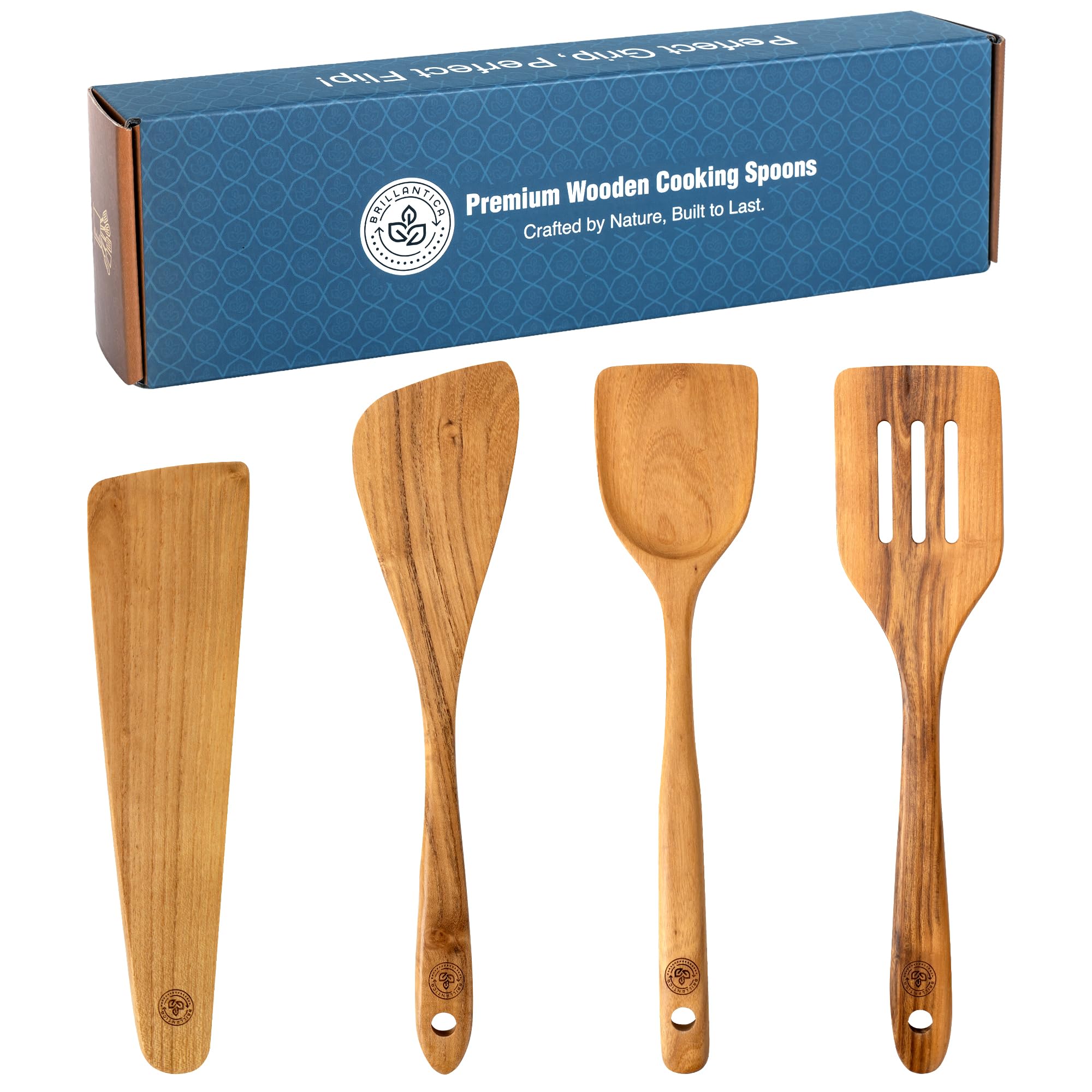 Brillantica Wooden Kitchen Utensil Set of 4, Natural Wood Spoons and Spatulas, Non Toxic Eco Friendly Durable Wooden Turner and 