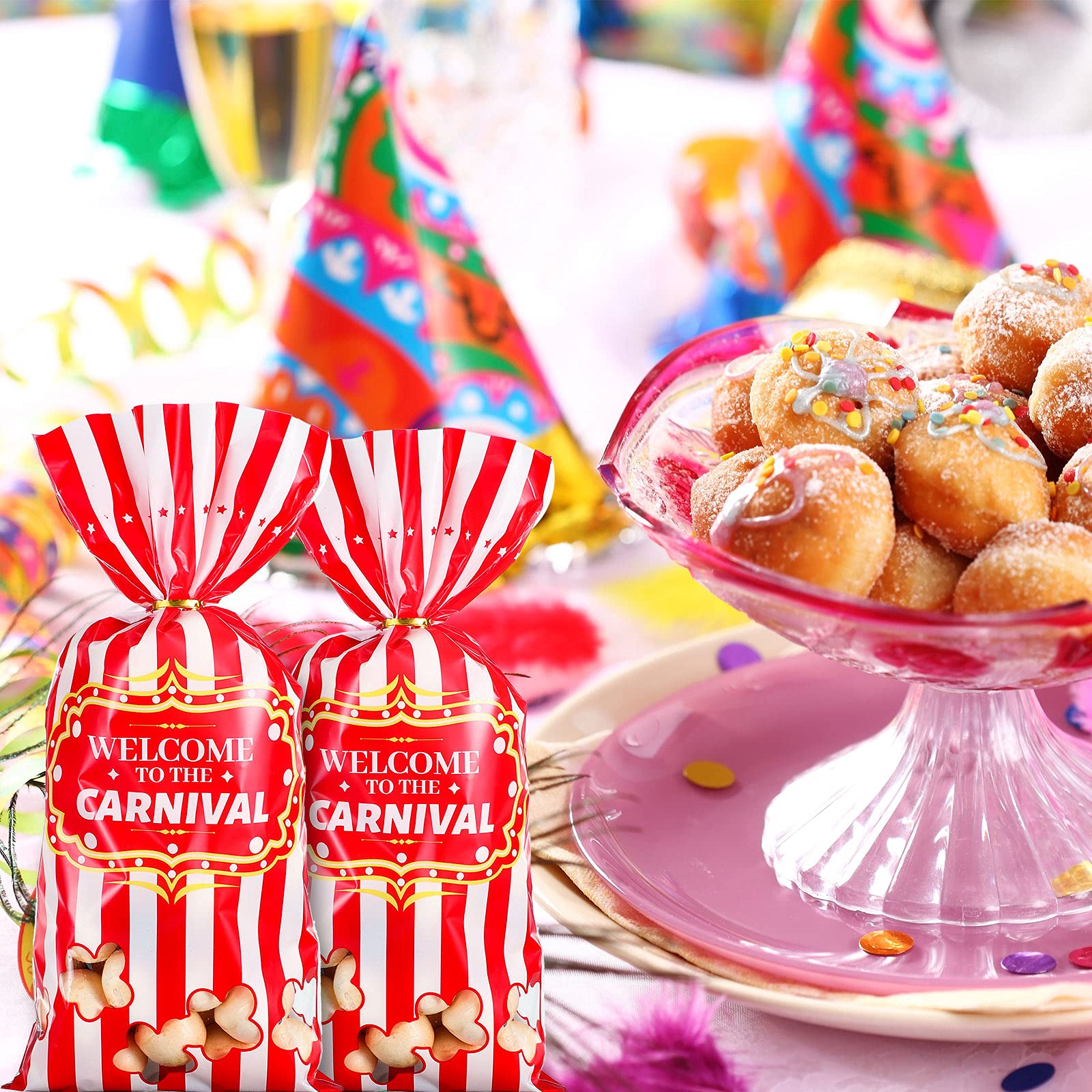 Carnival Candy Bags Circus Plastic Bags Carnival Party Treat Bags Popcorn Pattern Party Bags Goody Bags With 100 Gold Twisted Ti
