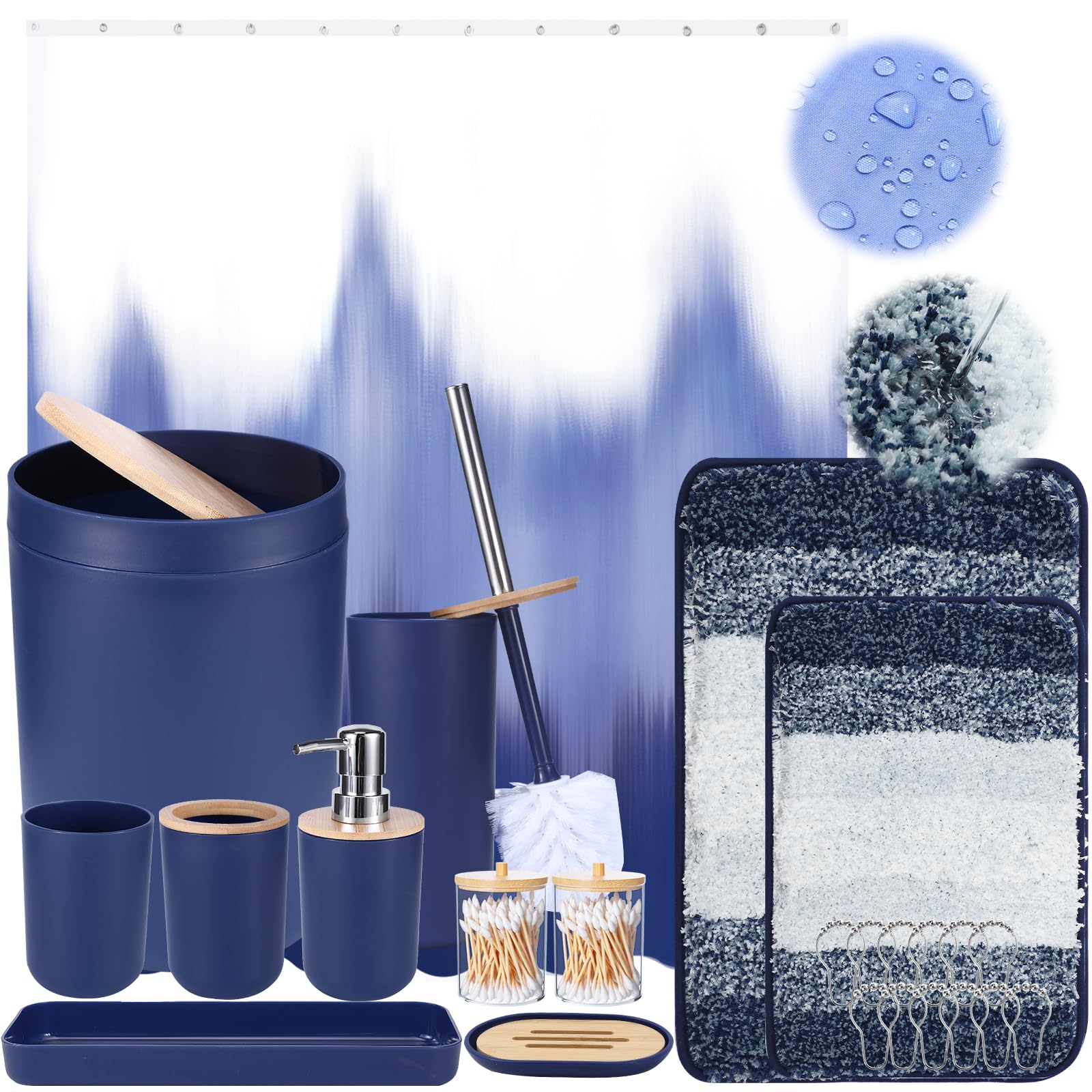 Imucci Bathroom Accessories Navy Blue Bathroom Sets With Shower Curtain And Rug, Navy Blue Ombre Waterproof Shower Curtain With