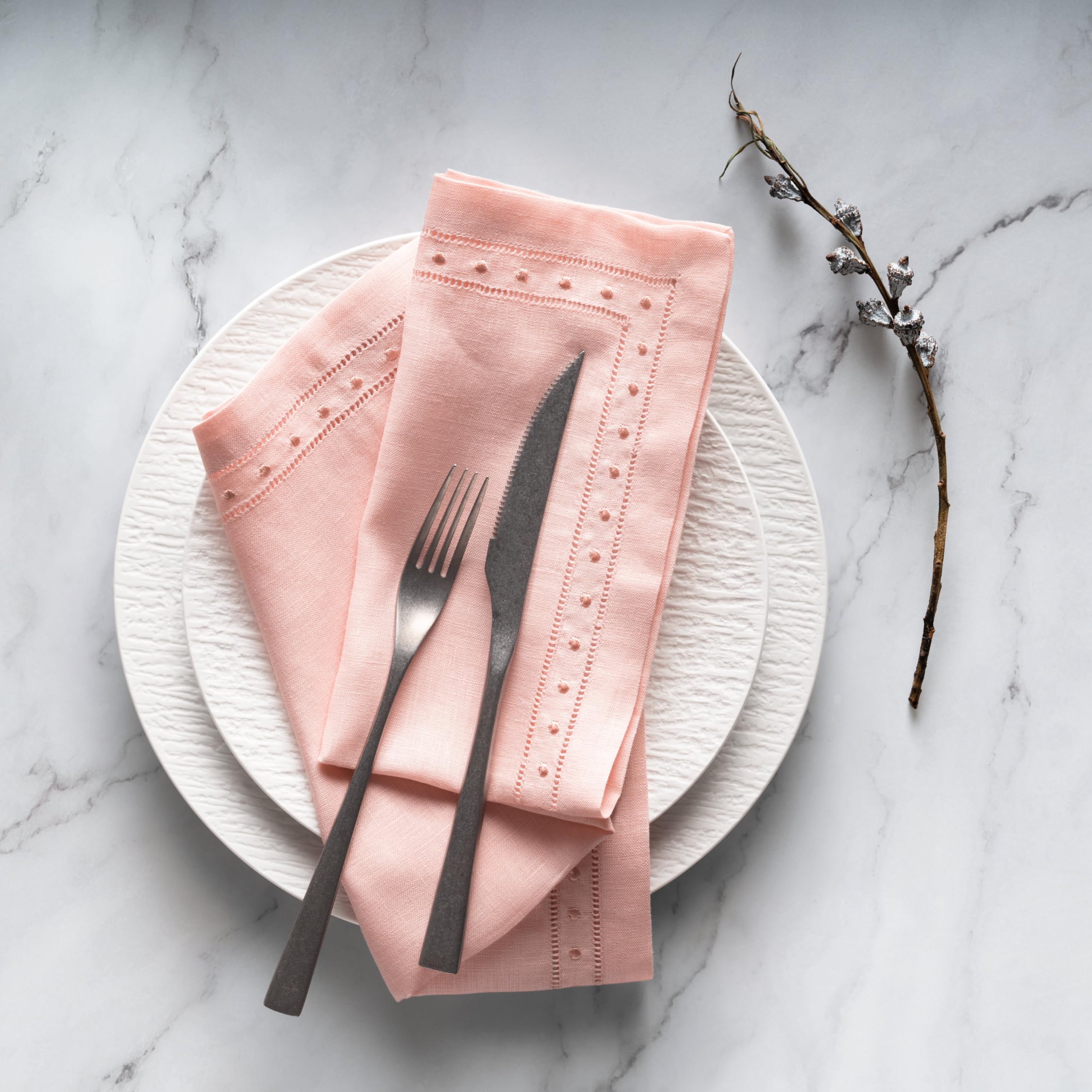 Linen Napkins Set Of 4-100% Flax Linen Blush Pink Dinner Napkins With Embroidered Dot 18 X 18 Inch - Hemstitch Cloth Napkins Was