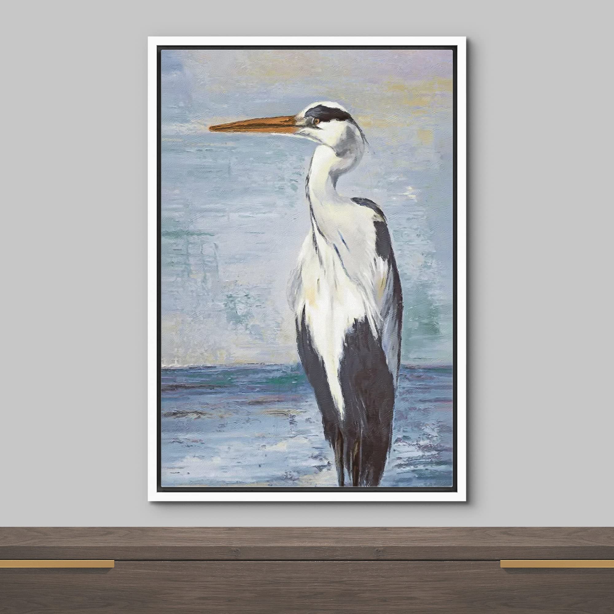 Wall26 Framed Canvas Print Wall Art Blue Beach Wave Ocean Sea Crane Bird Nature Wilderness Illustrations Modern Art Decorative R