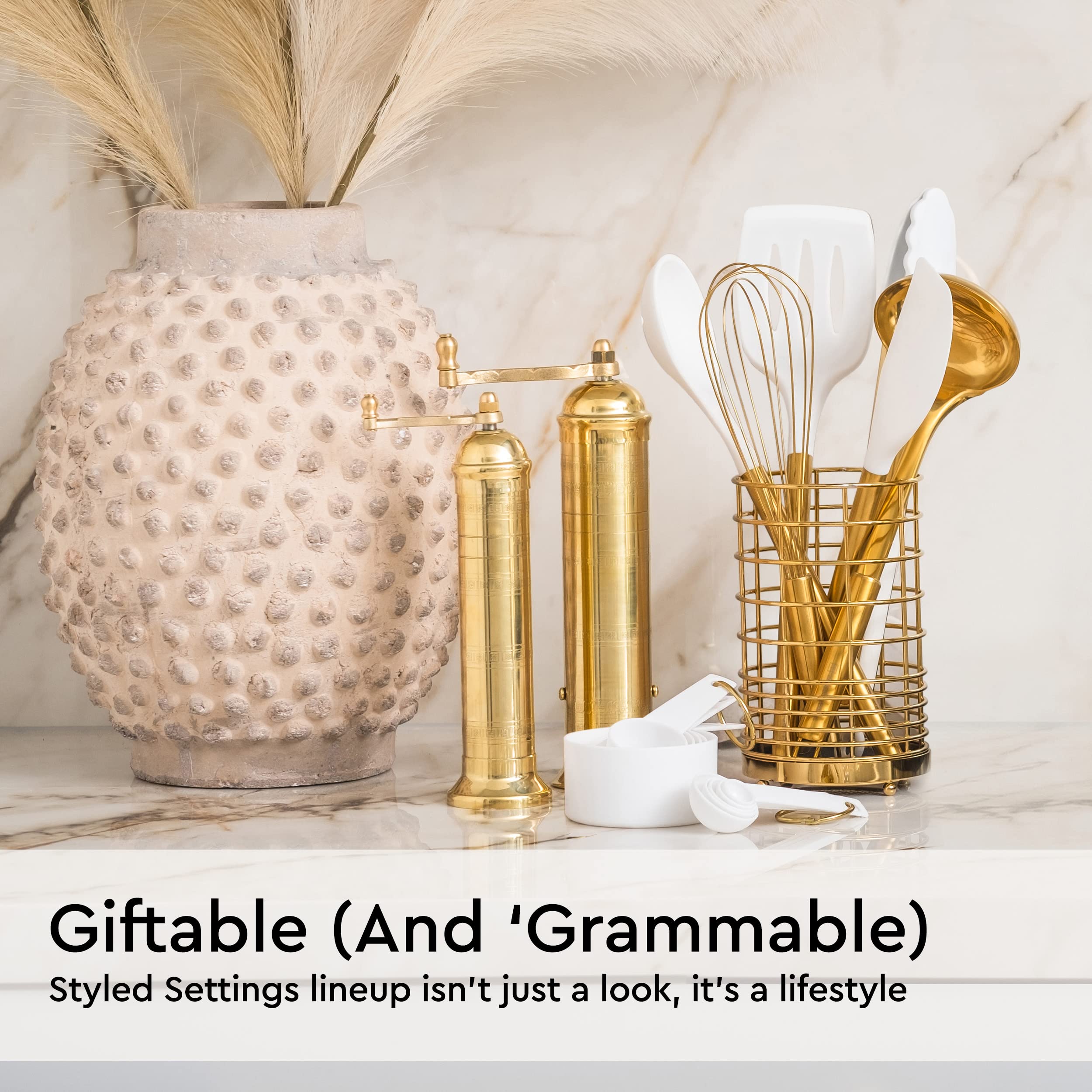 White Silicone and Gold Cooking Utensils Set with Gold Utensil Holder: 17PC Set Includes White & Gold Measuring Cups and Spoons Set White Utensils Set Gold Spatula Gold Whisk -Gold Kitchen Accessories