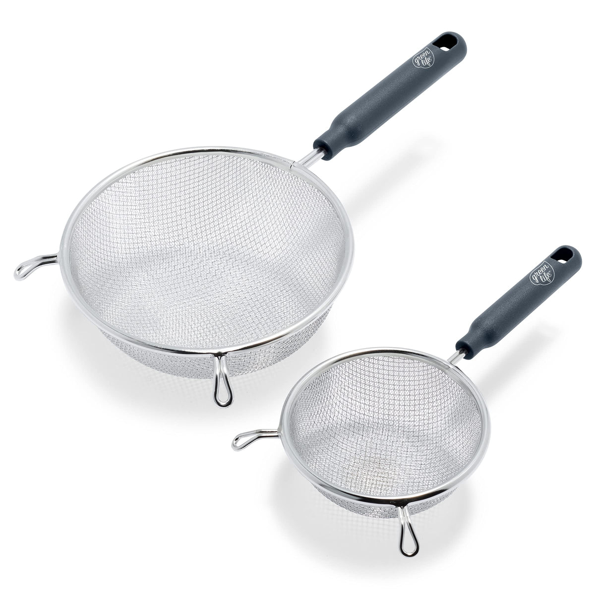Greenlife Cooking Tools And Utensils, 2 Piece Extra Fine Stainless Steel Mesh Strainer Kitchen Set, Stay Cool Handles, Dishwashe