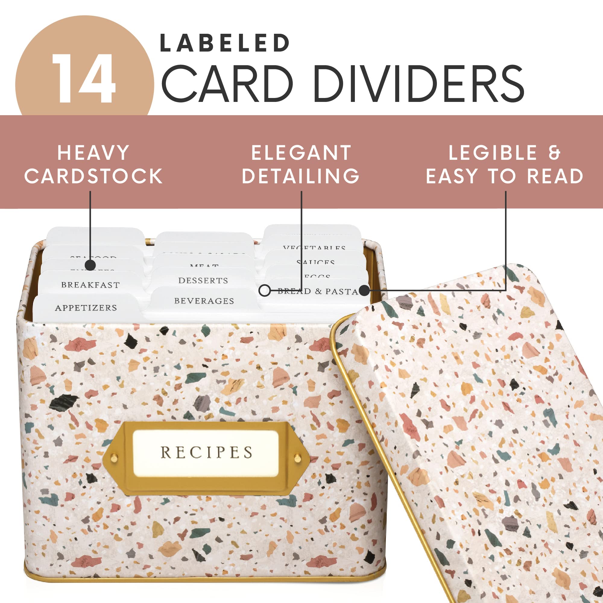 Jot & Mark Recipe Card Complete Gift Box  Decorative Recipe Tin Box  Recipe Cards  Index Dividers (14 dividers  50 4x6 inch Cards  1 Box)