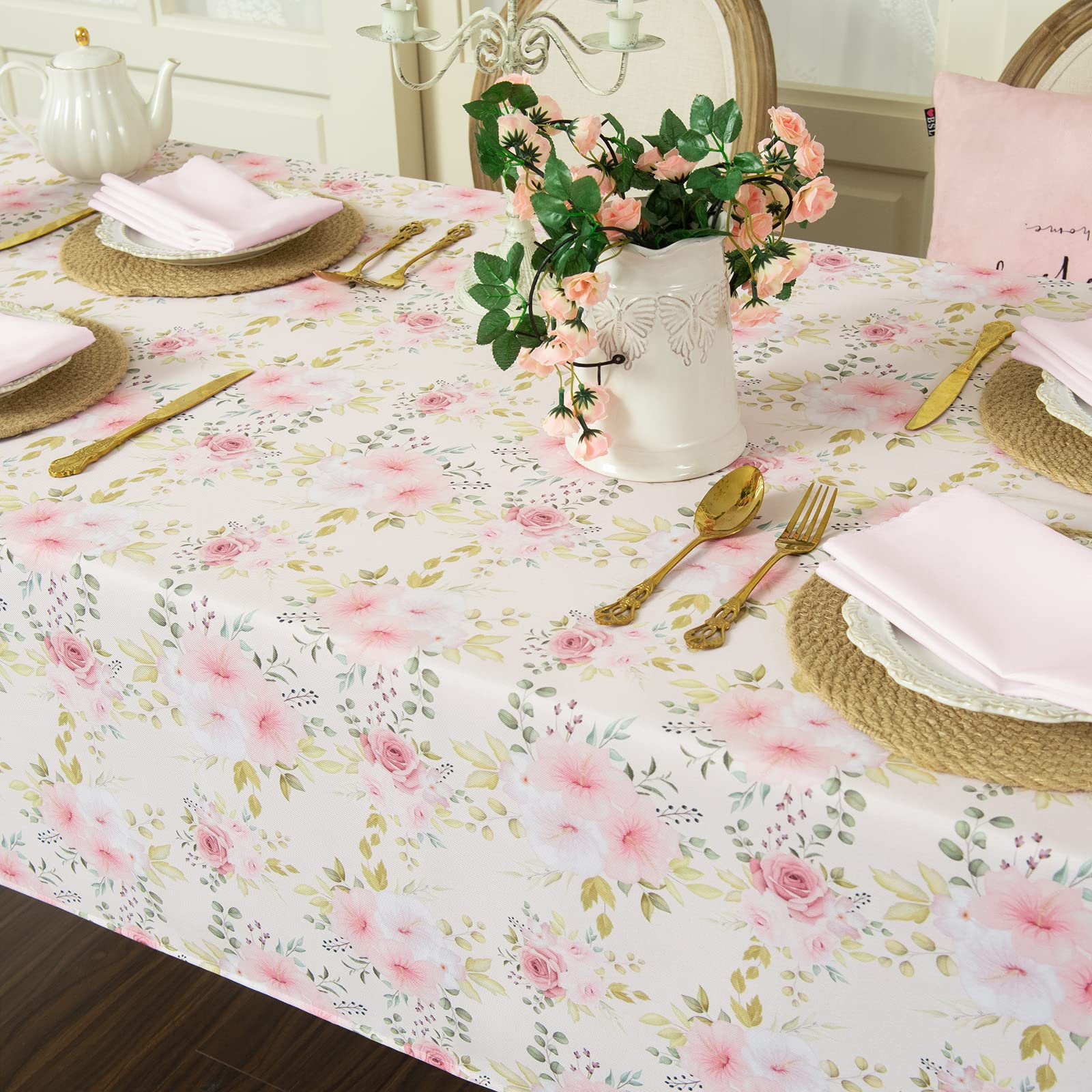 Joyfol Day Flower Tablecloth, Pink Floral Table Cloth For Rectangle Tables,Waterproof Resistant Rose Table Cover For Valentines,