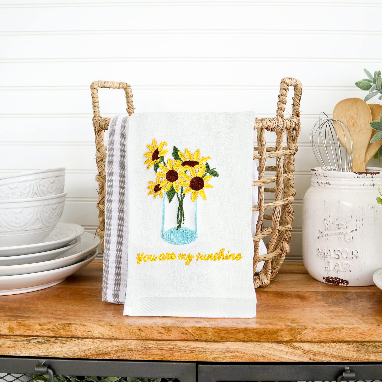 Anydesign 2 Pack Sunflower Hand Towels Spring Cotton Embroidered Flower Decorative Dish Towel For Bathroom Hand Drying Cleaning