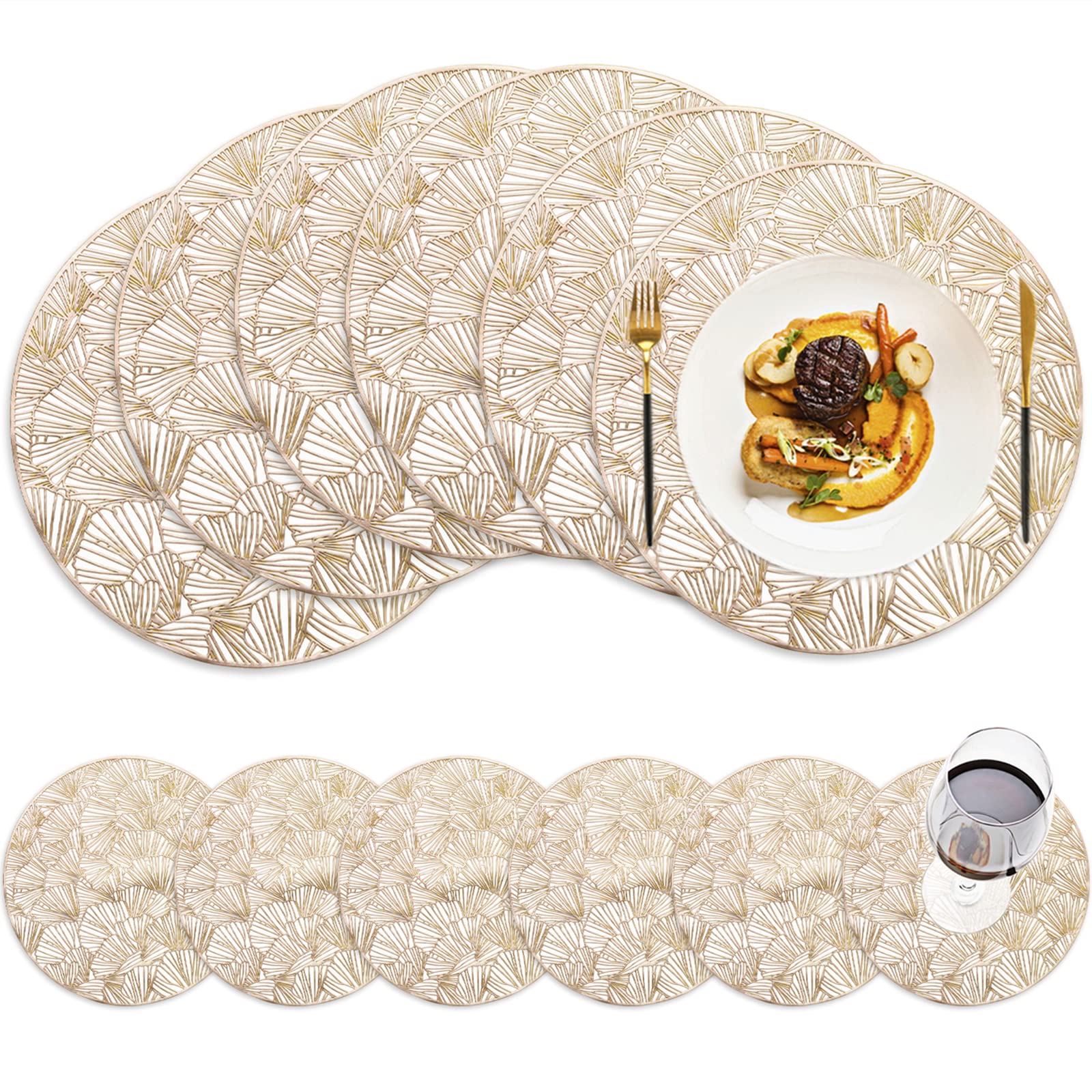 Deayou Set Of 12 Round Pressed Vinyl Placemats, Gold Wedding Accent Centerpiece Placemat, Non-Slip Placemats For Dining Table, K