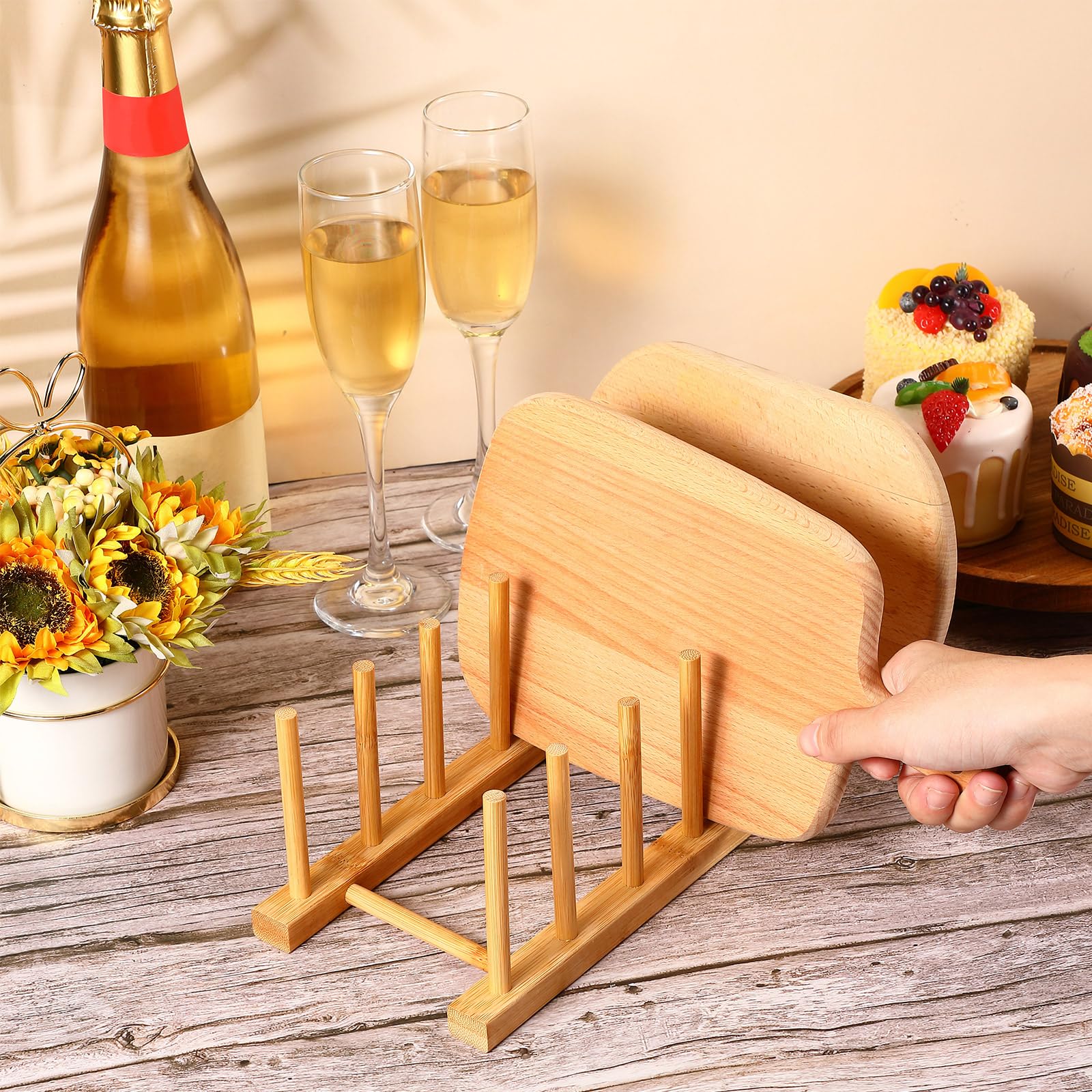 Yinkin 8 Pcs Bamboo Wooden Plate Rack Dish Drying Rack Wood Pot Lid Holder Stand Kitchen Cabinet Organizer For Bowl Cup Cutting