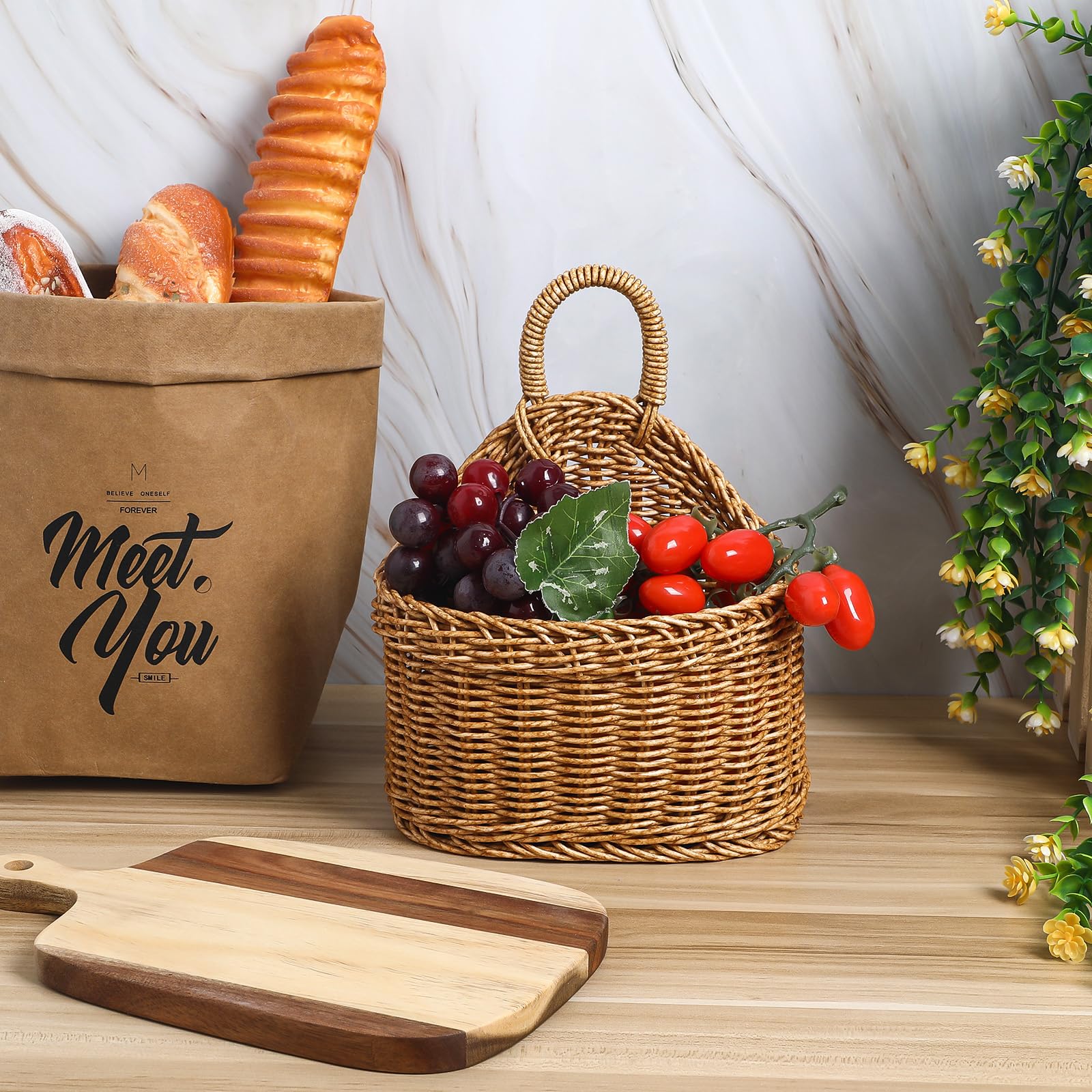 Hanging Wall Basket Wall Storage: Farmhouse Rattan Flower Bin Kitchen Onion Organizer Rustic Handle Basket Container For Ginger